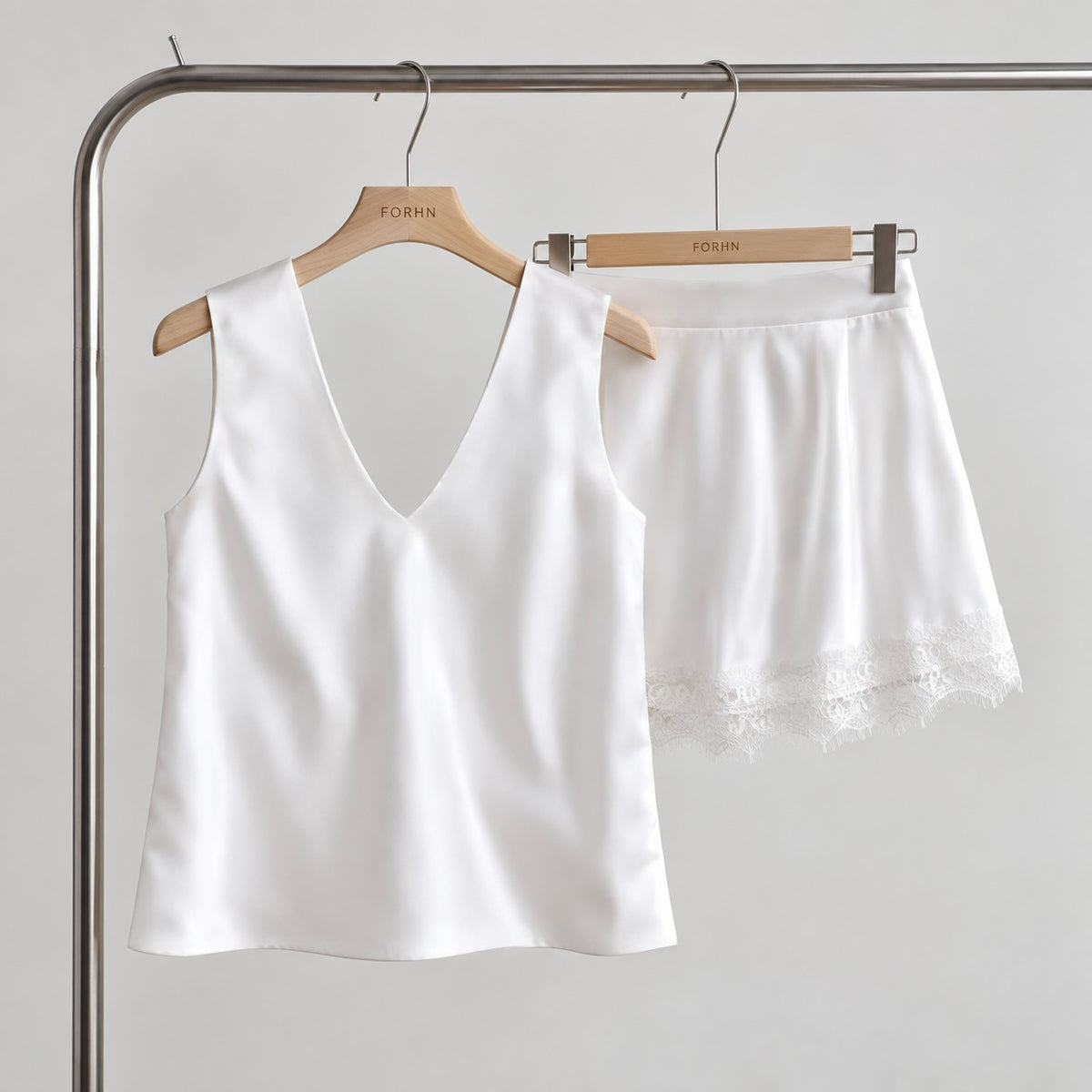 White Satin V-Neck Blouse - Lace Mini Skirt Separates- MiuSet