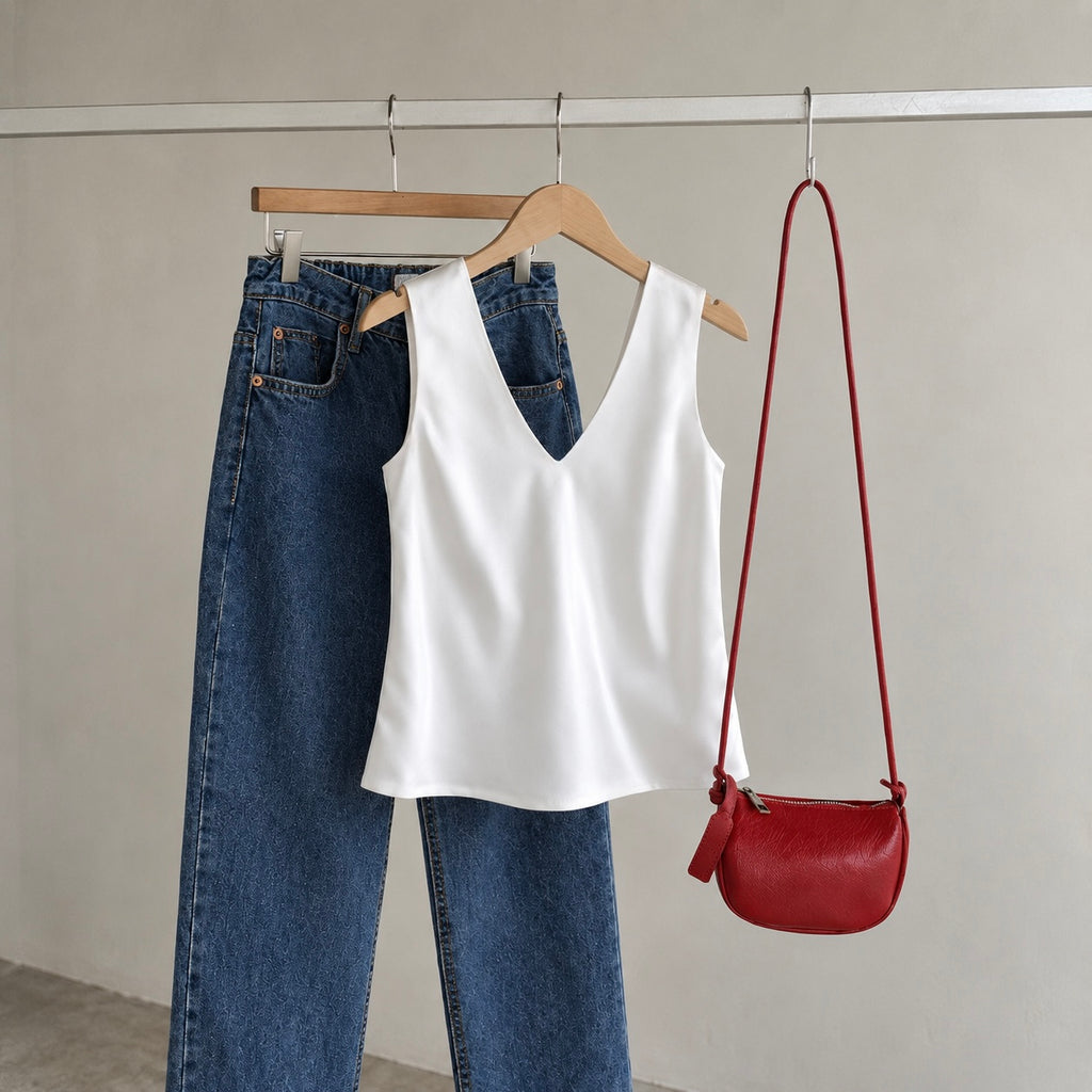 White Satin V-Neck Blouse - Lace Mini Skirt Separates- MiuSet