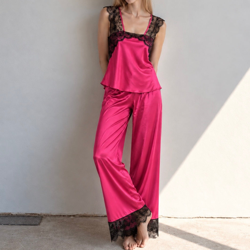 Lace Satin Pajama Set, Square Neck Camisole with Wide Leg Pants Sleepwear, Kristal