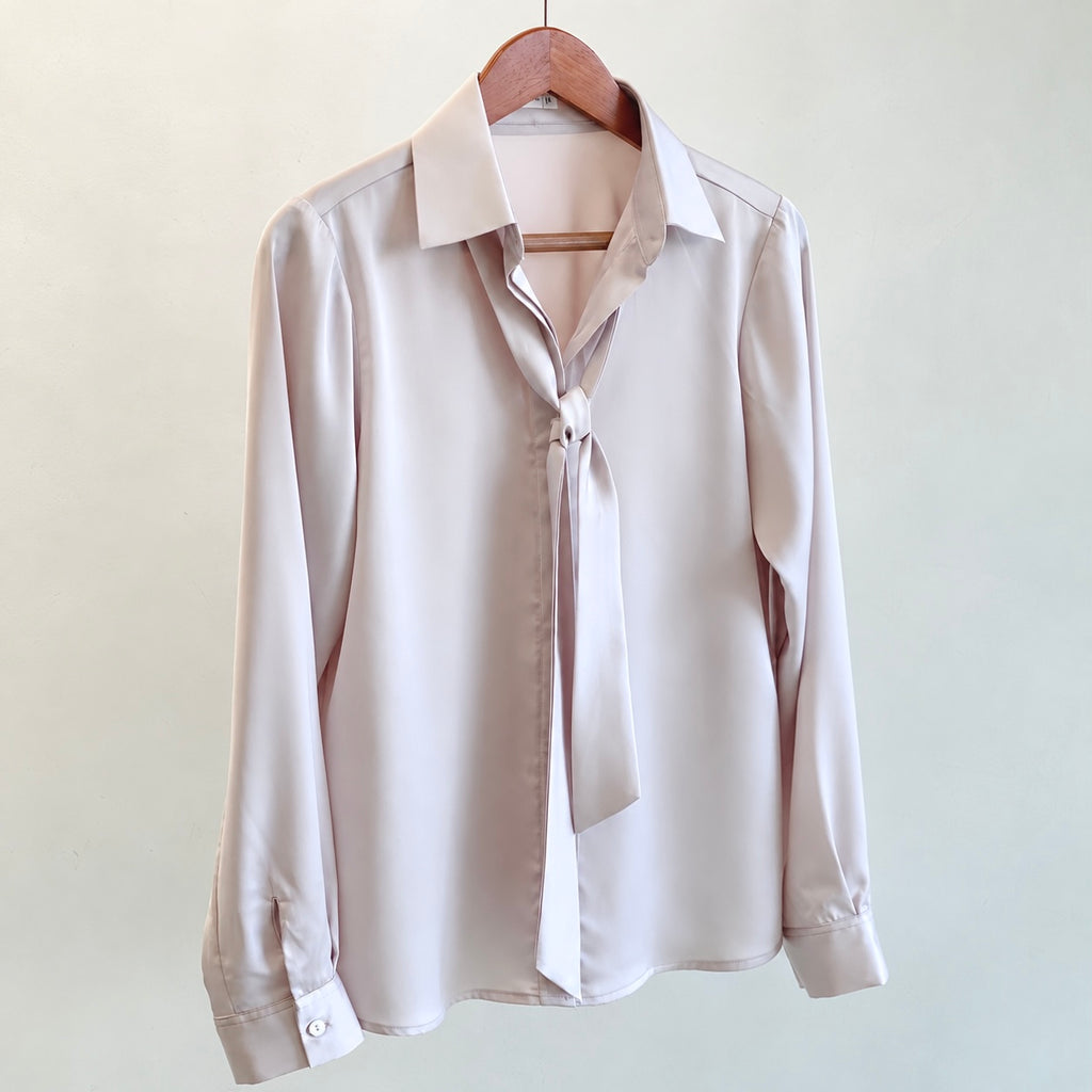 Satin Blouse with Tie Bow, Long Sleeve Office Shirt, Vicky