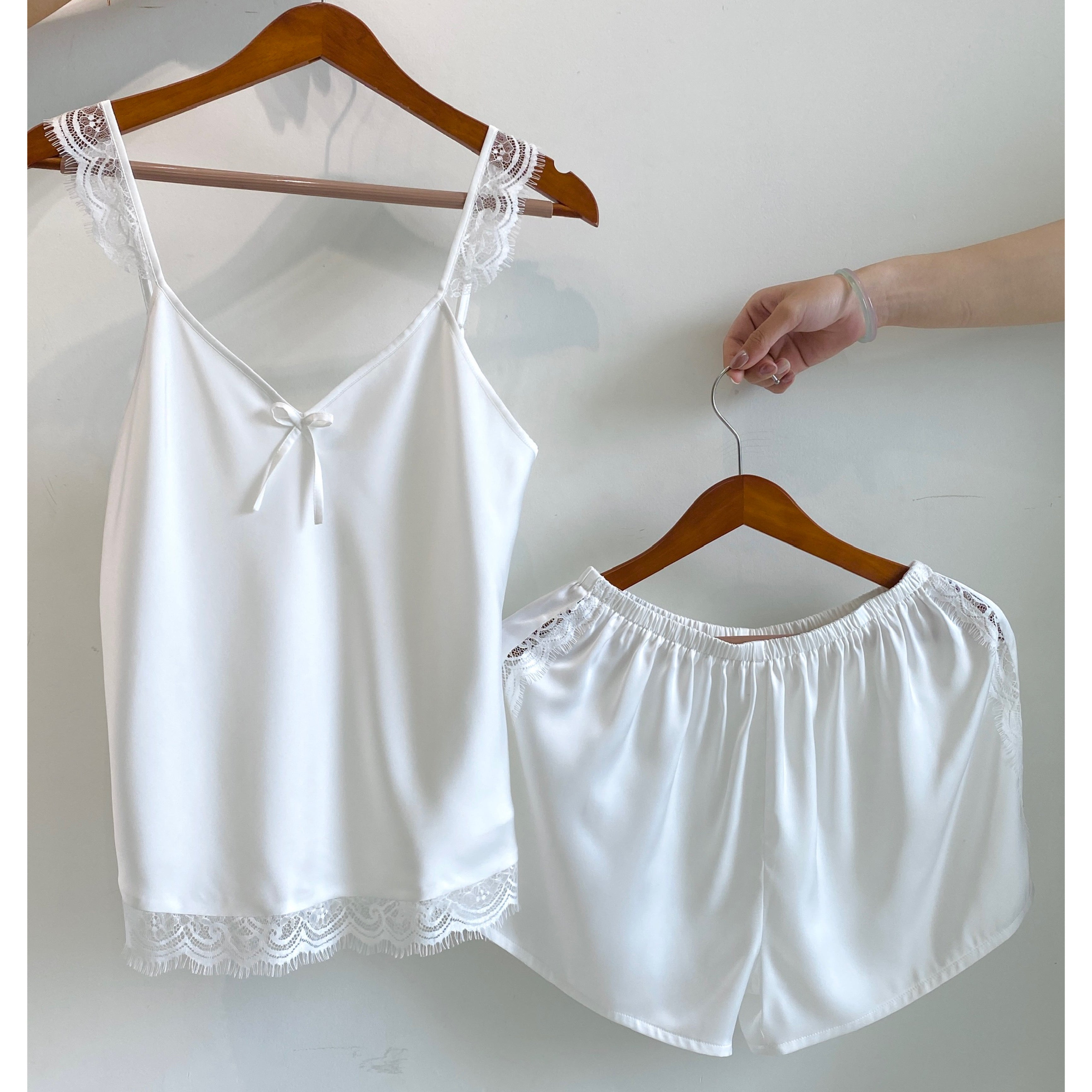 White Lace Satin Pajama Set, Bride Cami & Shorts, Bridal Shower Gift, EIRA Set