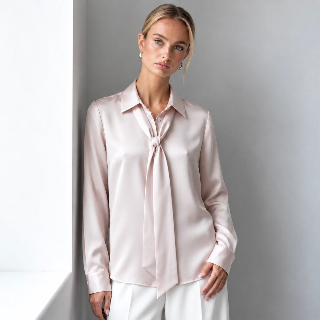 Satin Blouse with Tie Bow, Long Sleeve Office Shirt, Vicky