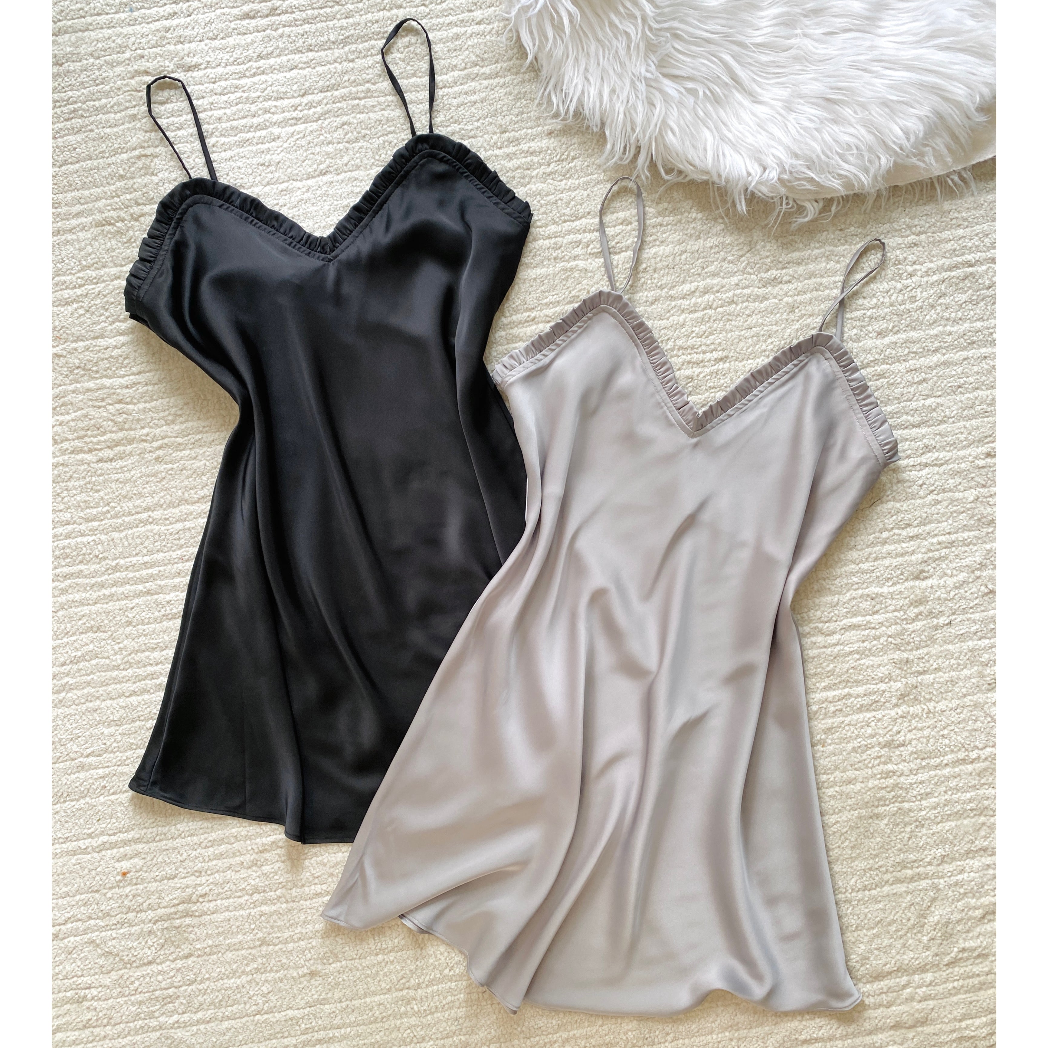 Satin Slip Dress in Black, Spaghetti Strap Silky Nightgown, ANA Dress