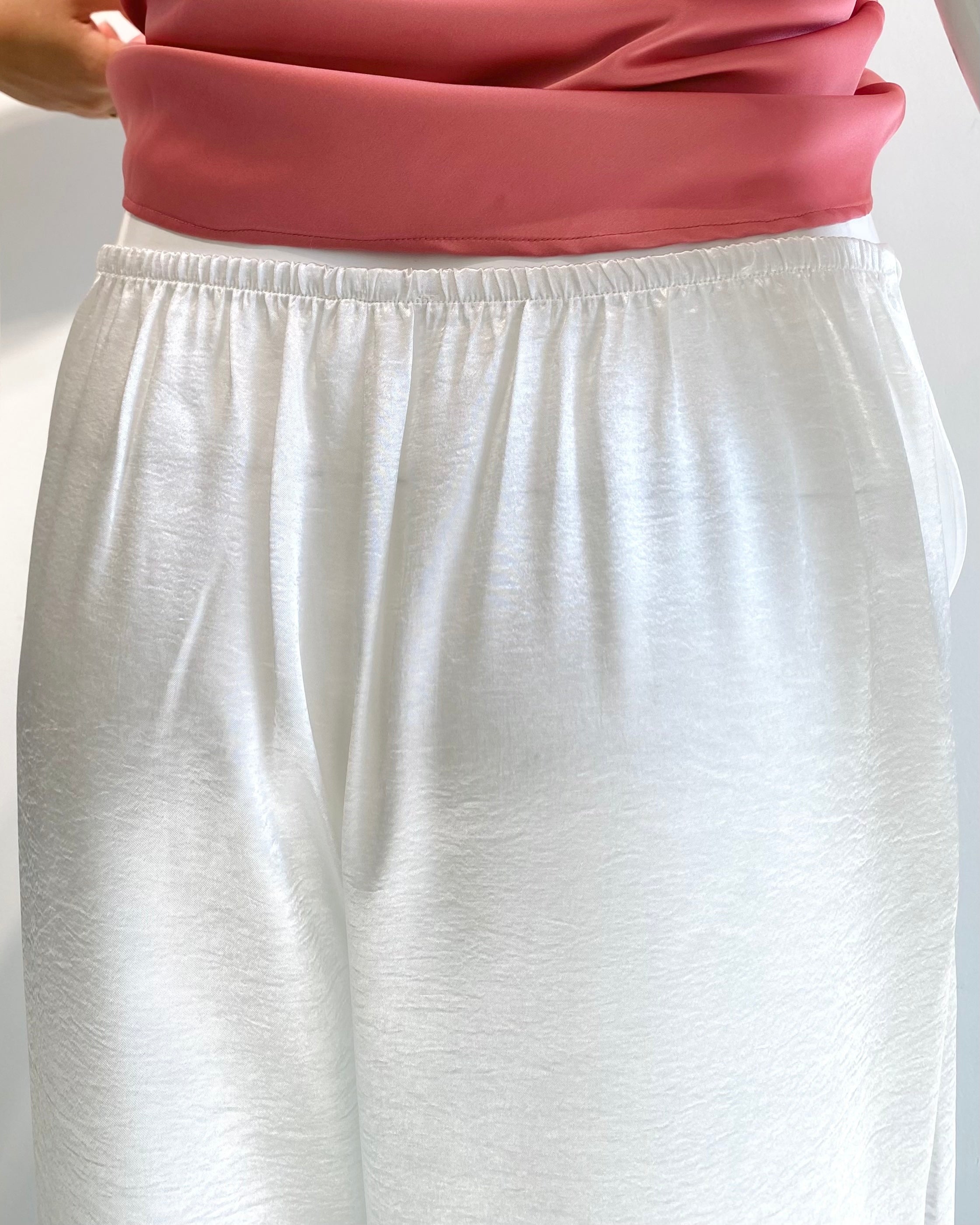 Ivory Satin Pants, Handmade Wide Leg Silky Trousers For Women