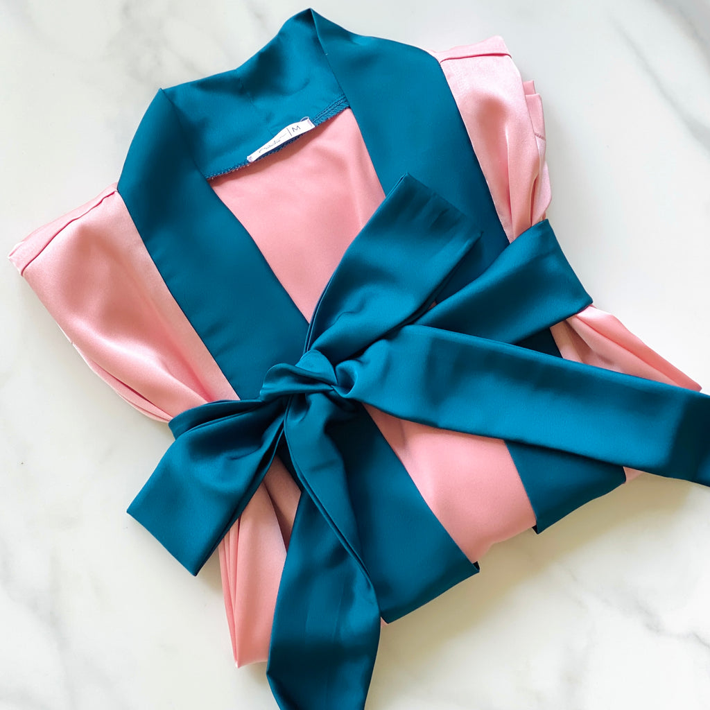 Teal Pink Satin Slip Dress Robe Set, Bridal Party Loungewear