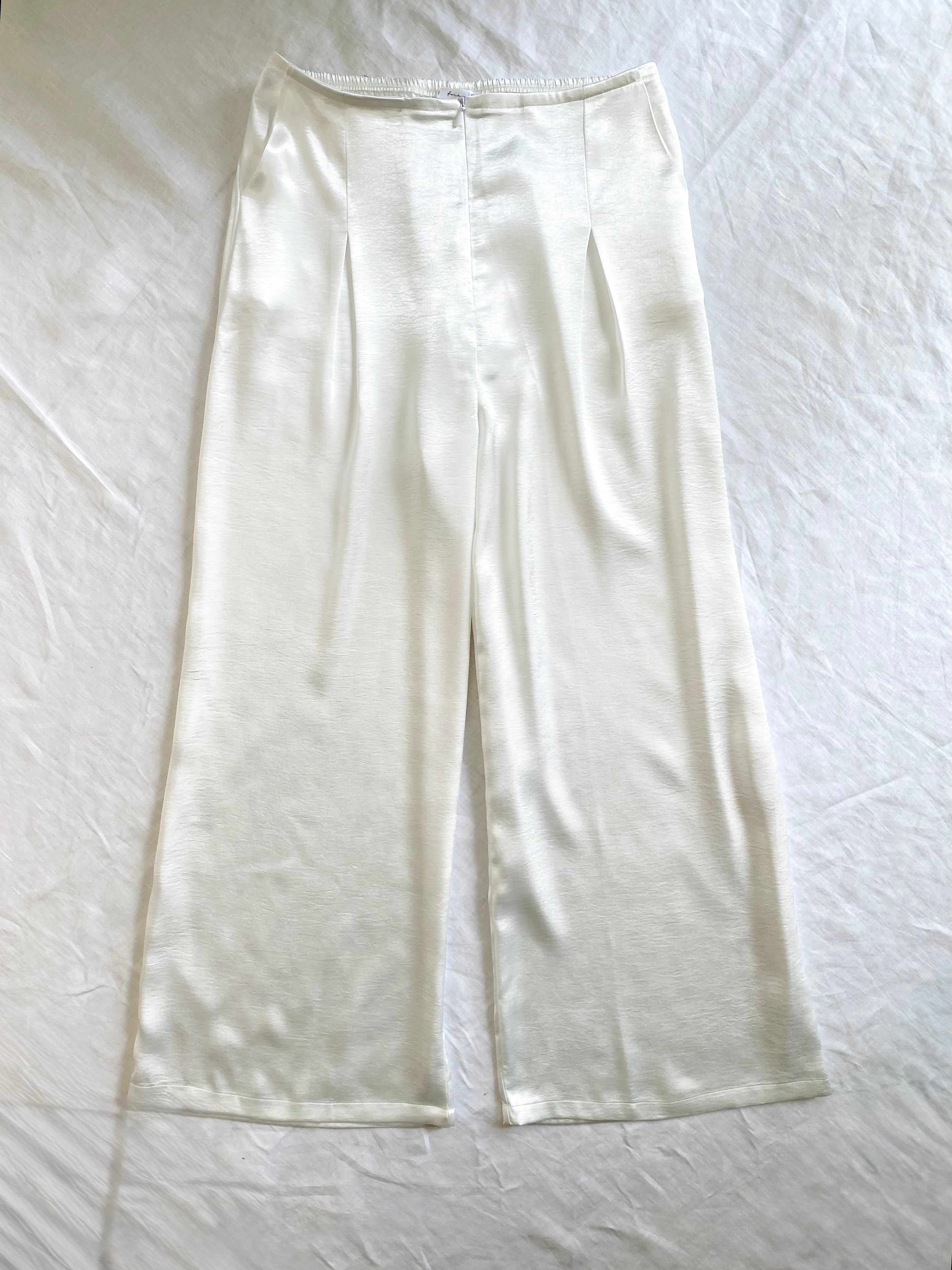 Ivory Satin Pants, Handmade Wide Leg Silky Trousers For Women