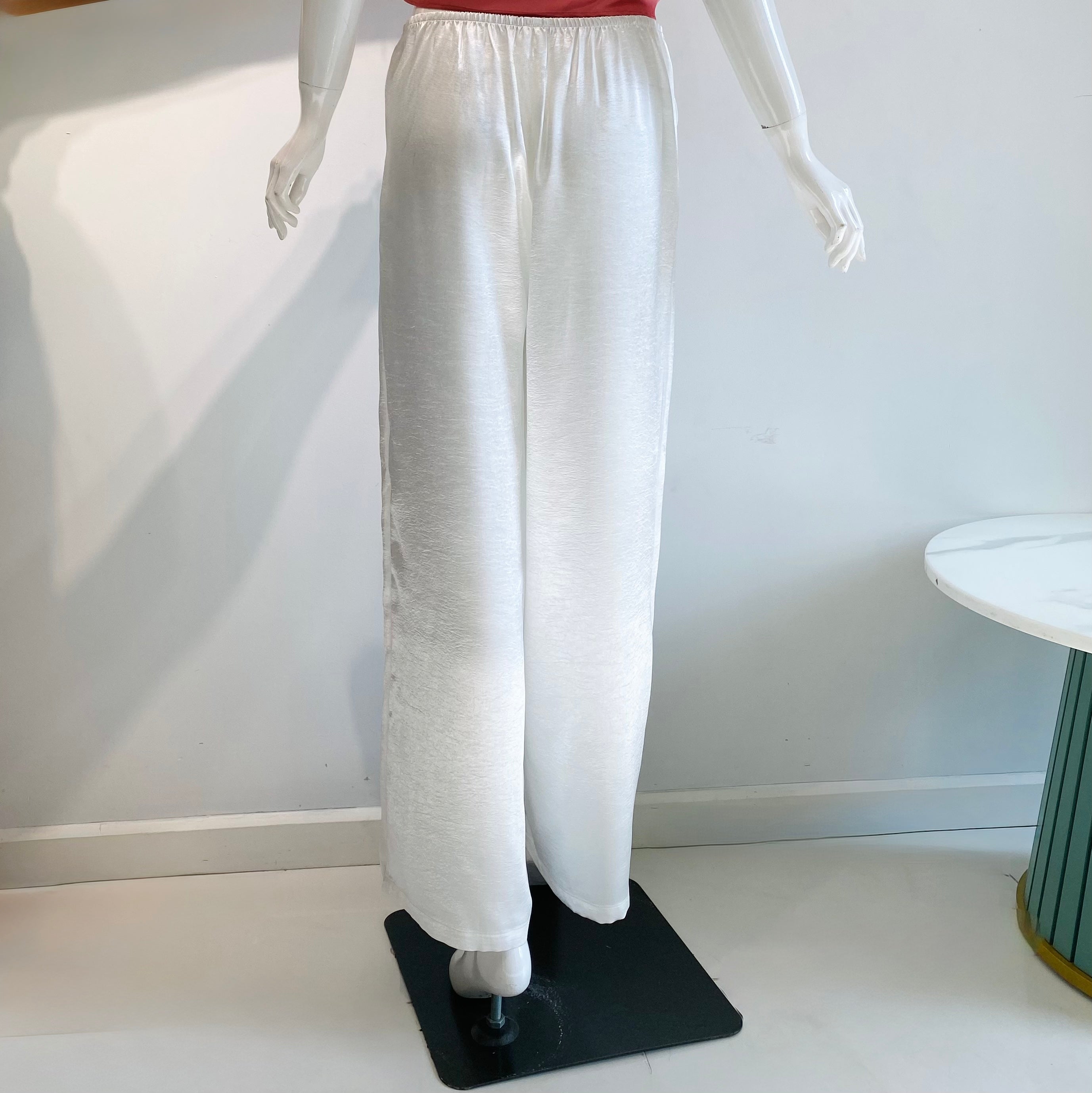 Ivory Satin Pants, Handmade Wide Leg Silky Trousers For Women