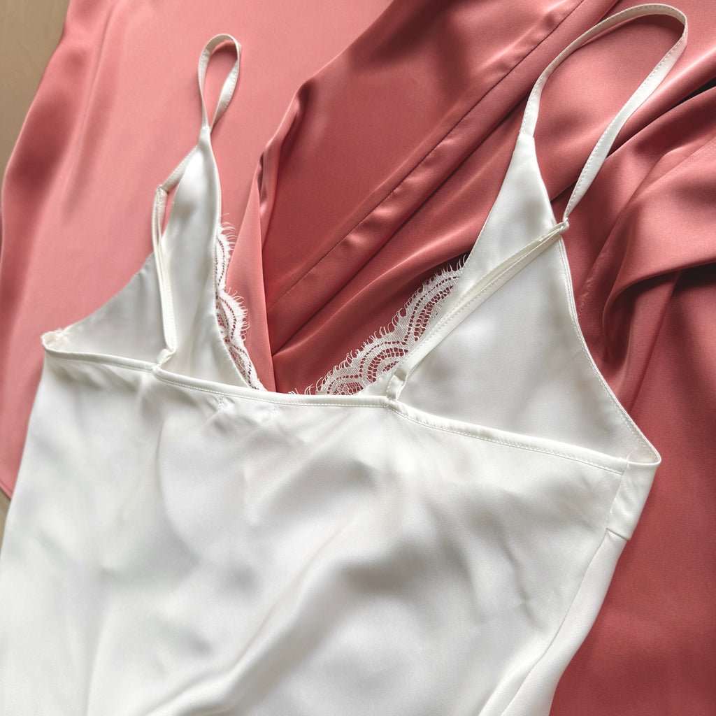 Lace Trim Silky Satin Slip Dress in Beige, White, Red, Romantic Nightgown, Bridal Lingerie, MISO