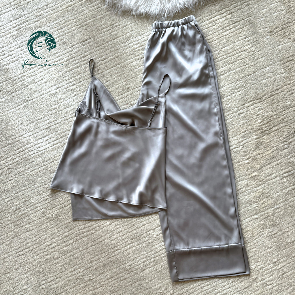 Irene Satin Cowl Neck Pajama Set, Women's Vacation Outfit, Silky Cami & Pants, Elegant Loungewear,