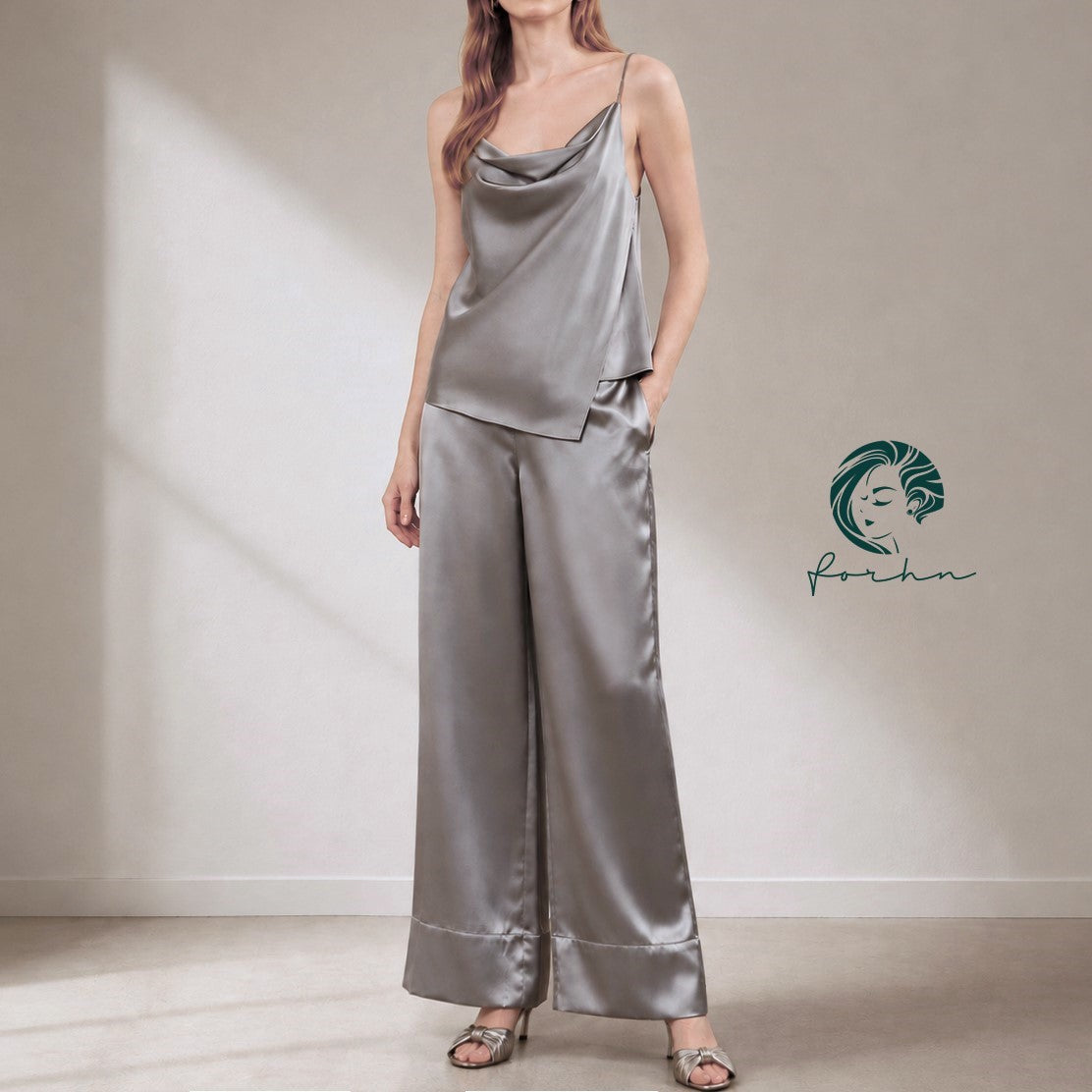 Irene Satin Cowl Neck Pajama Set, Women's Vacation Outfit, Silky Cami & Pants, Elegant Loungewear,