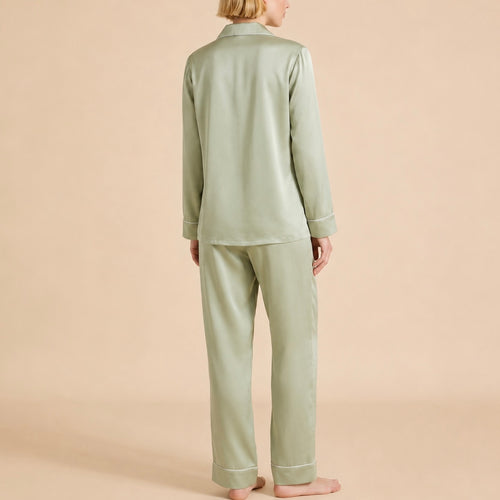 Classic Satin Pajama Set – Long or Short Sleeve Button-Up Top & Long Pants, LPJ Xacu