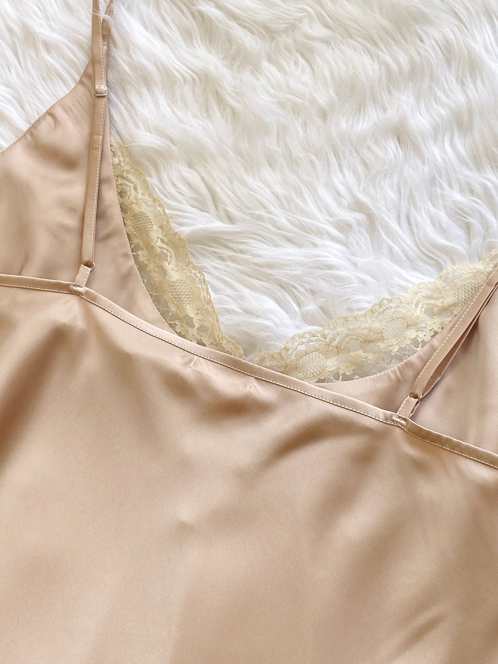 Lace Trim Silky Satin Slip Dress in Beige, White, Red, Romantic Nightgown, Bridal Lingerie, MISO