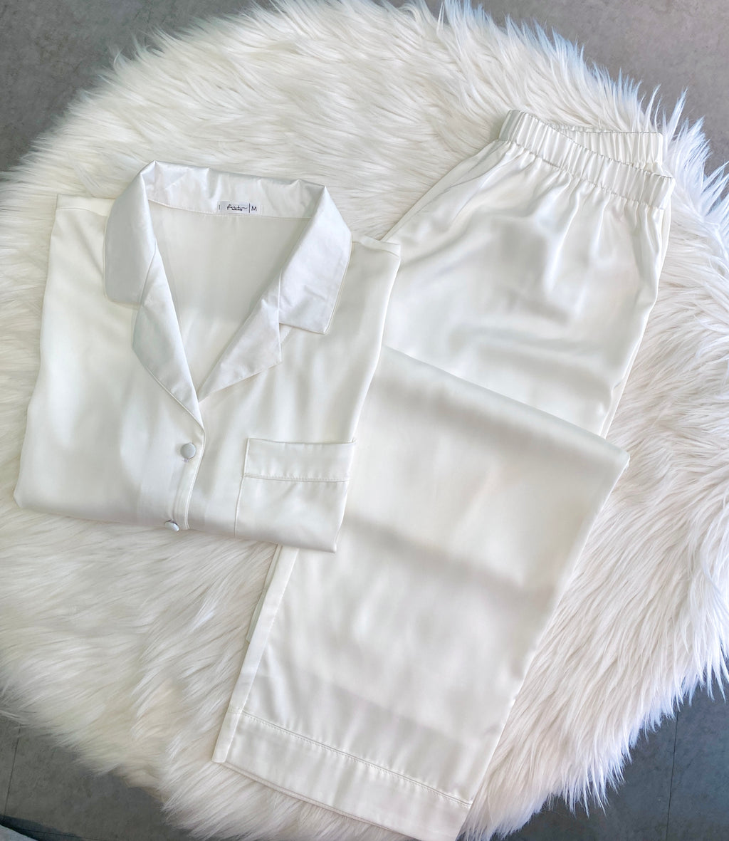 White Satin Pajama Set, Long Sleeve Bridal PJs NUTBOC