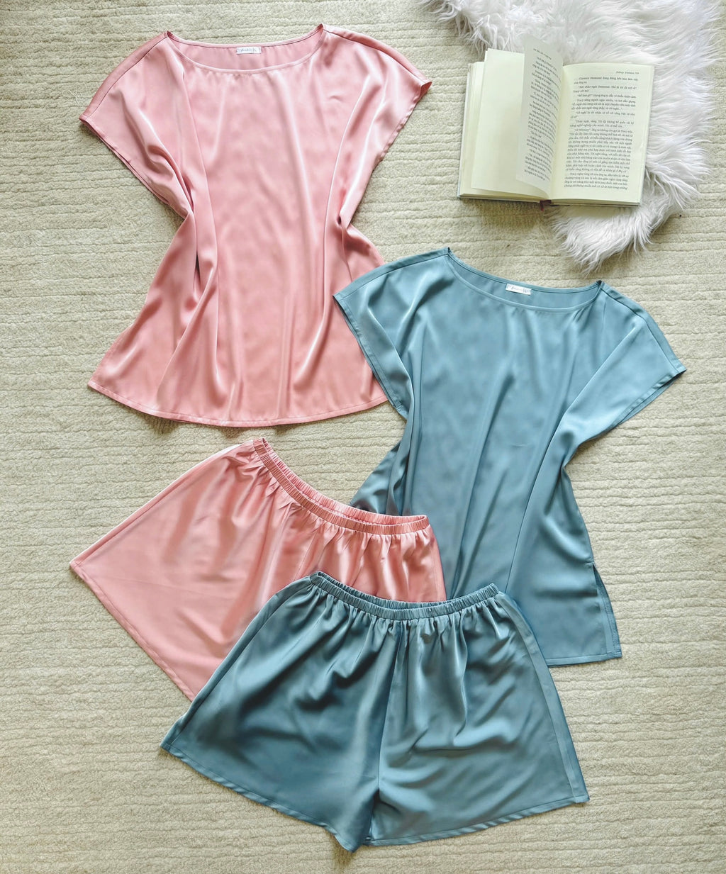 Ara SSet, Satin Pajama Set, Short Sleeve Silky Sleepwear, Elegant Loungewear