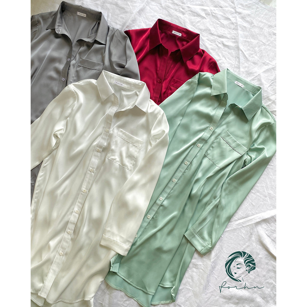 SOMI1 Satin Nightshirt for Women, Long Sleeve Button Down Sleepwear, Silky Pajama Dress