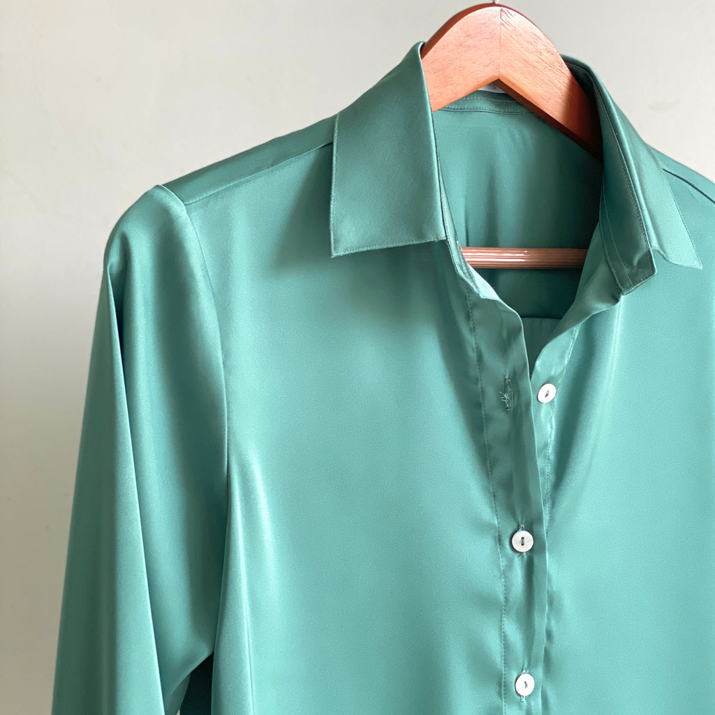 Satin Blouse in Violet, Mint Green, Long Sleeve Shirt, Office Workwear, Kami