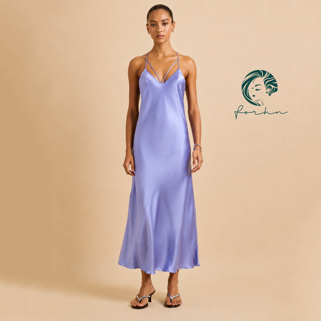Lavender Satin Maxi Slip Dress, V Neck Maxi Nightgown, Vacation Outfit For Women, Luna Dress