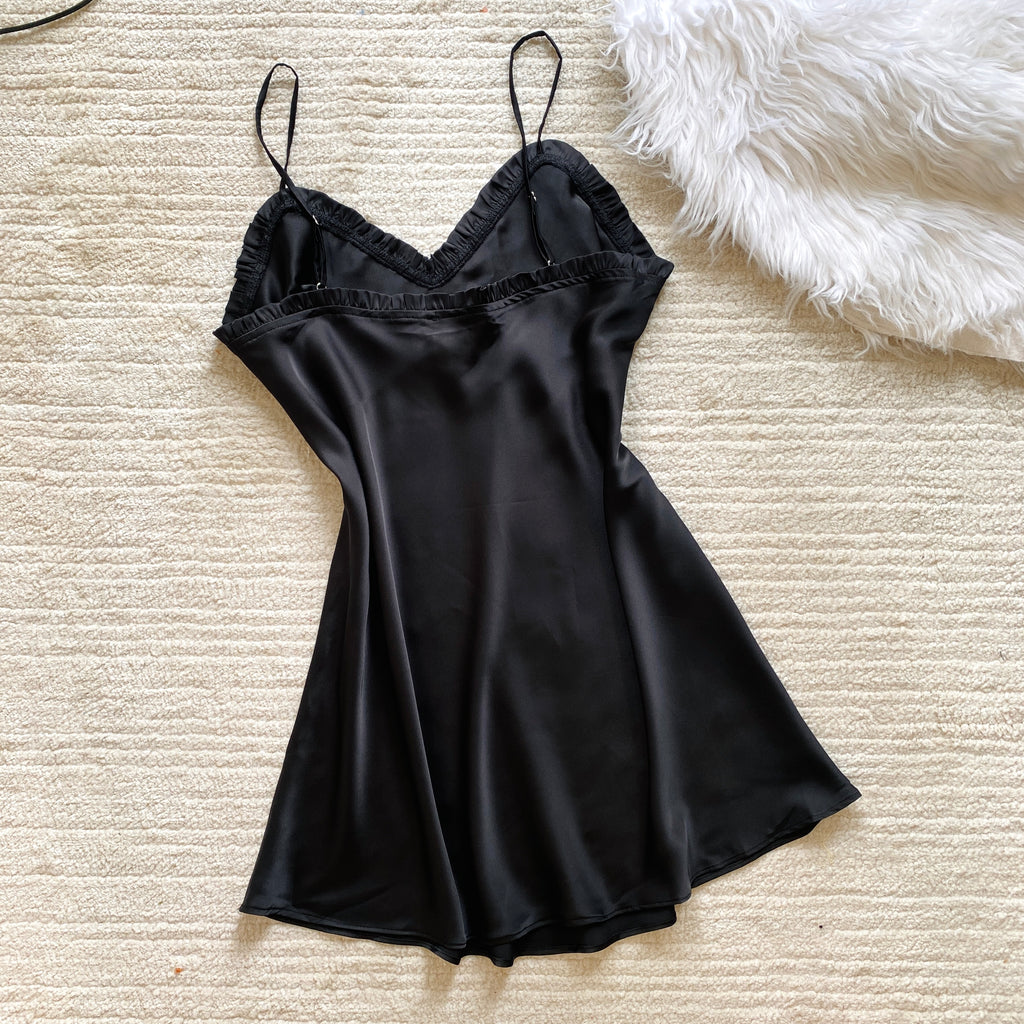 Satin Slip Dress in Black, Spaghetti Strap Silky Nightgown, ANA Dress