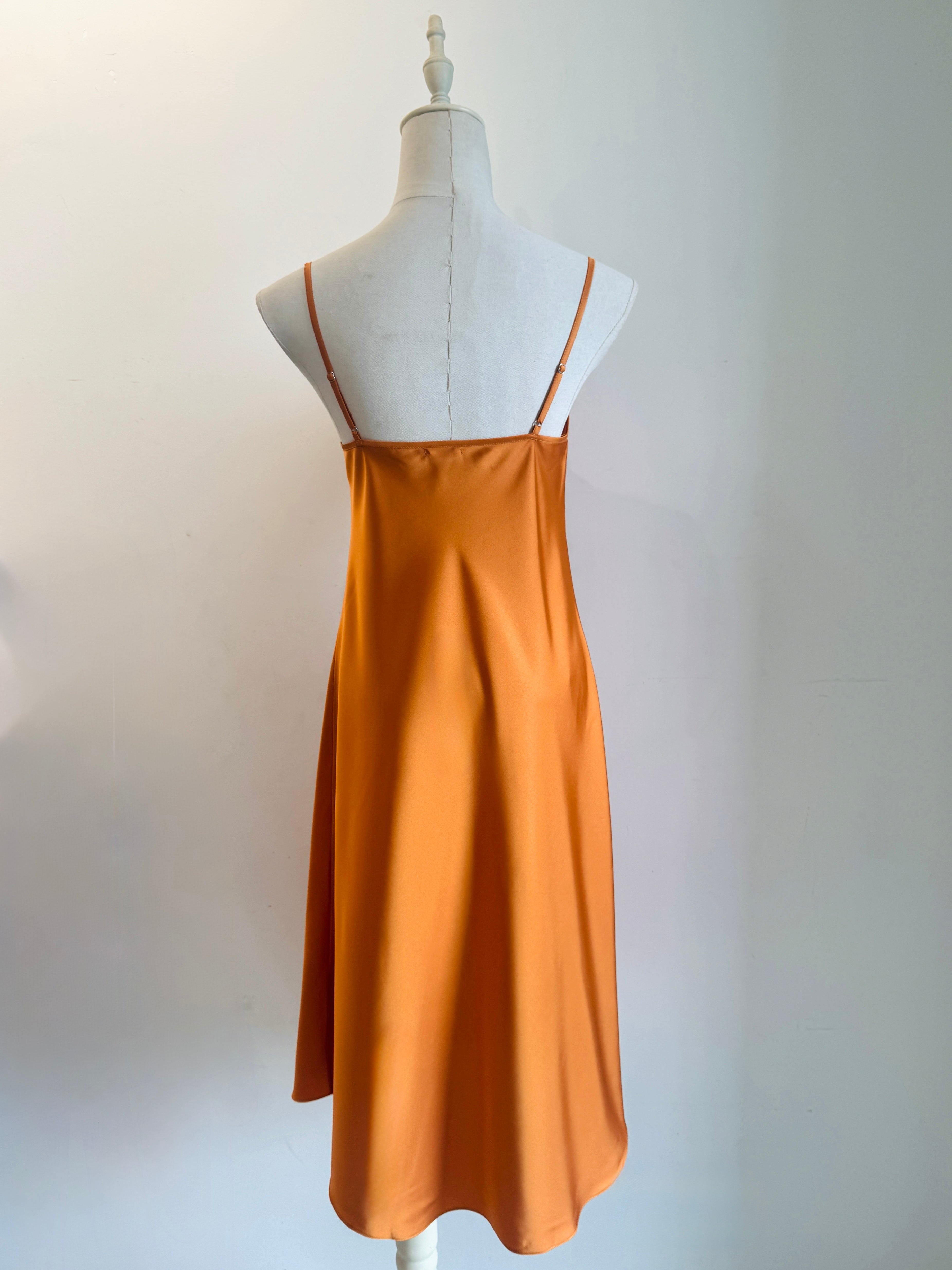Satin Midi Slip Dress Cowl Neck in Pink, Red, Apricot/Burnt Orange, Silky Nightdress DRDO2