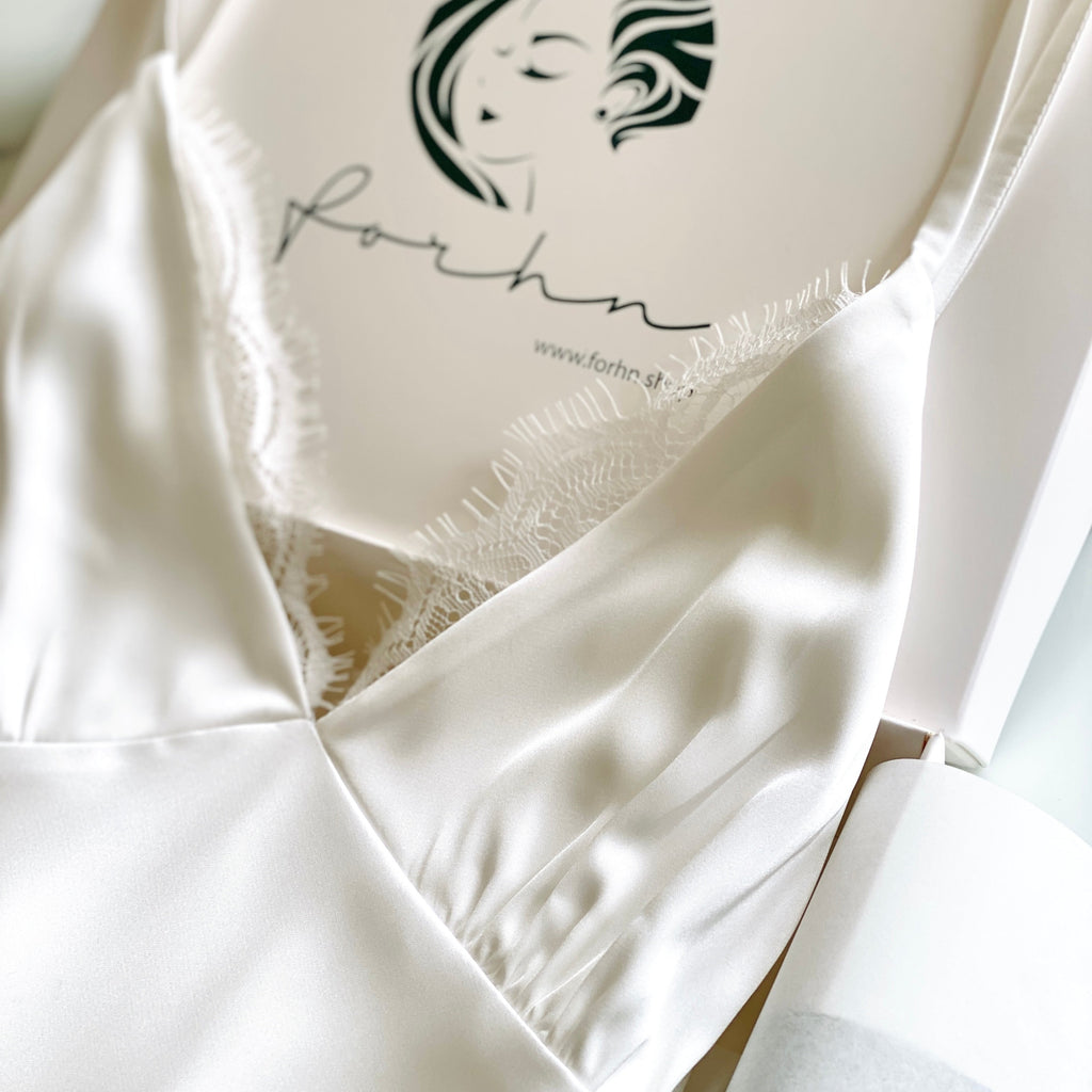 White Satin Slip Dress Lace Robe Set – Sleepwear & Holiday Gift For Her