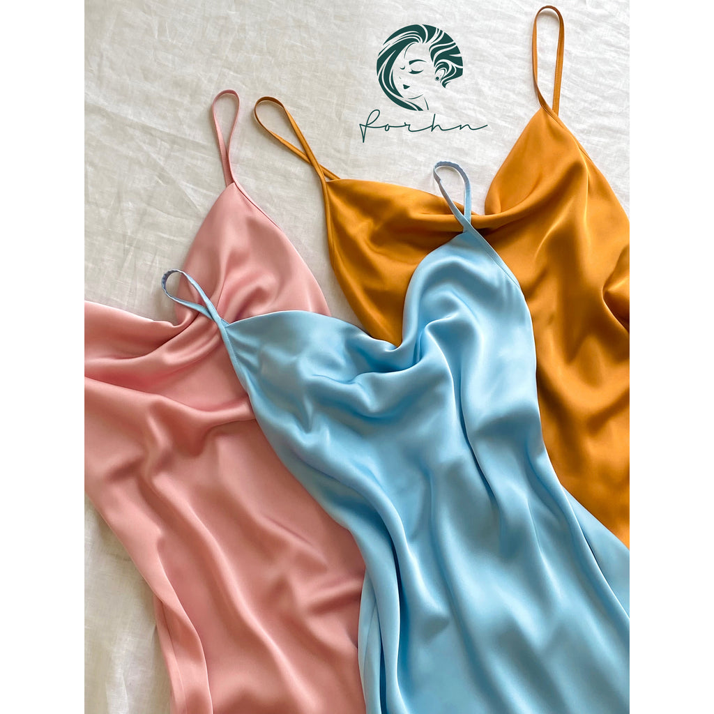 Satin Slip Midi Dress, Cowl Neck Cami Dress in Pink, Apricot, Light-blue, Ladonna