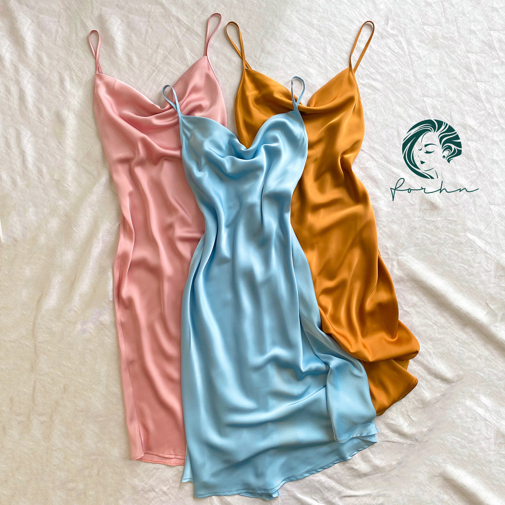 Satin Slip Midi Dress, Cowl Neck Cami Dress in Pink, Apricot, Light-blue, Ladonna