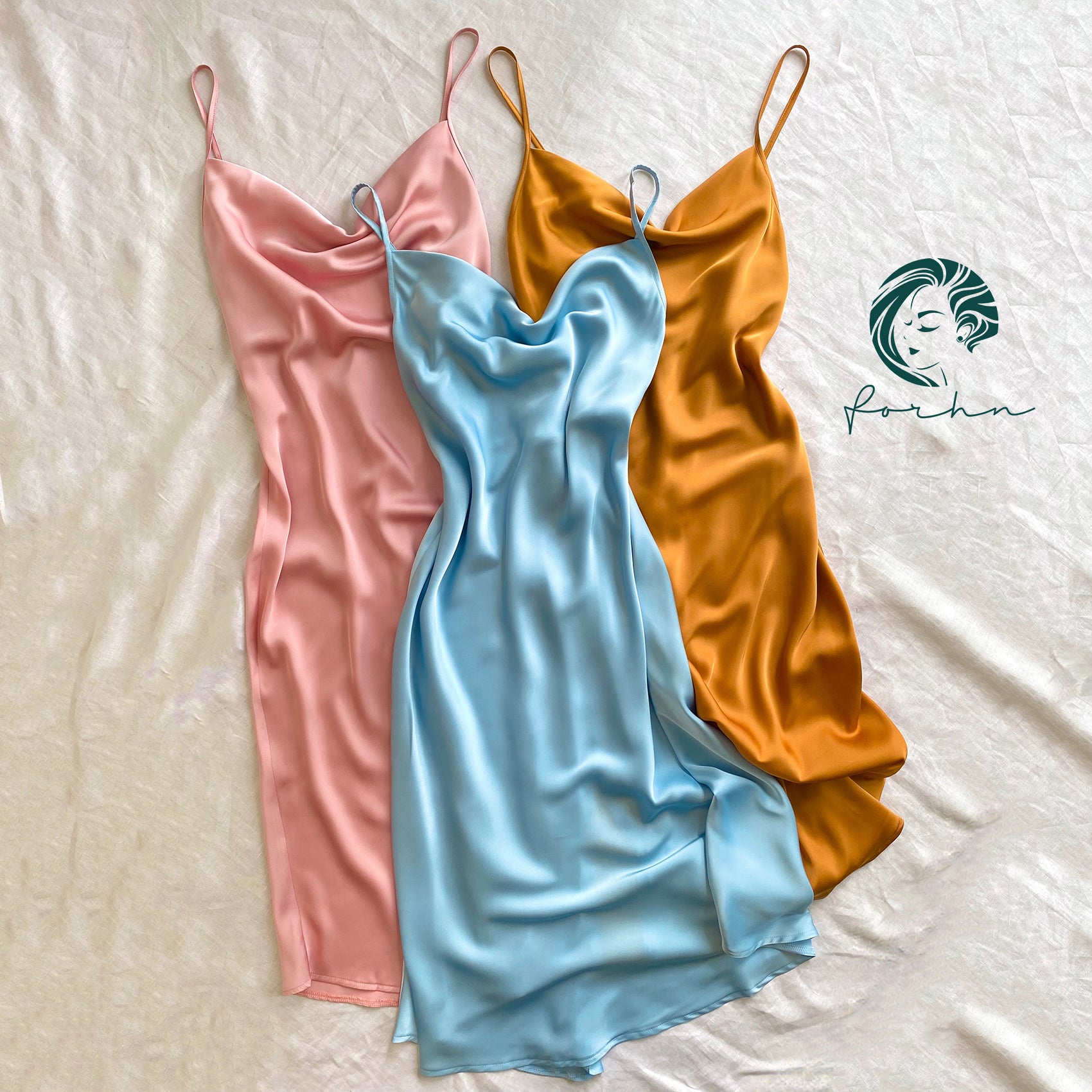 Satin Slip Midi Dress, Cowl Neck Cami Dress in Pink, Apricot, Light-blue, Ladonna
