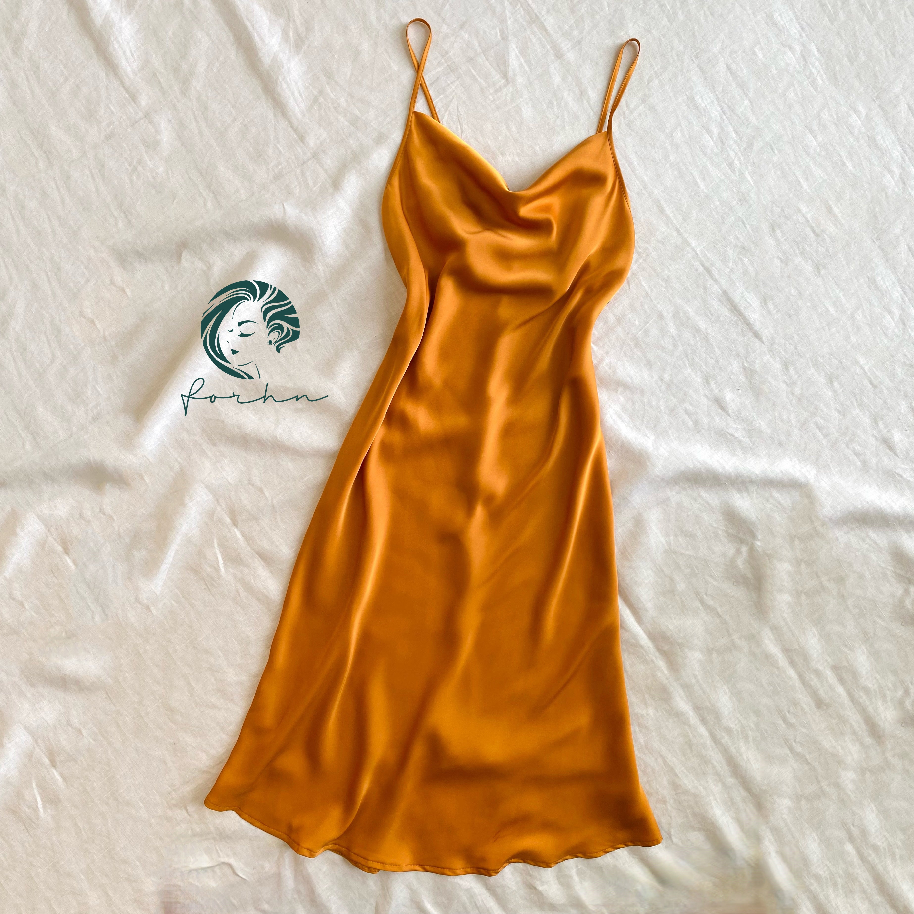 Satin Slip Midi Dress, Cowl Neck Cami Dress in Pink, Apricot, Light-blue, Ladonna