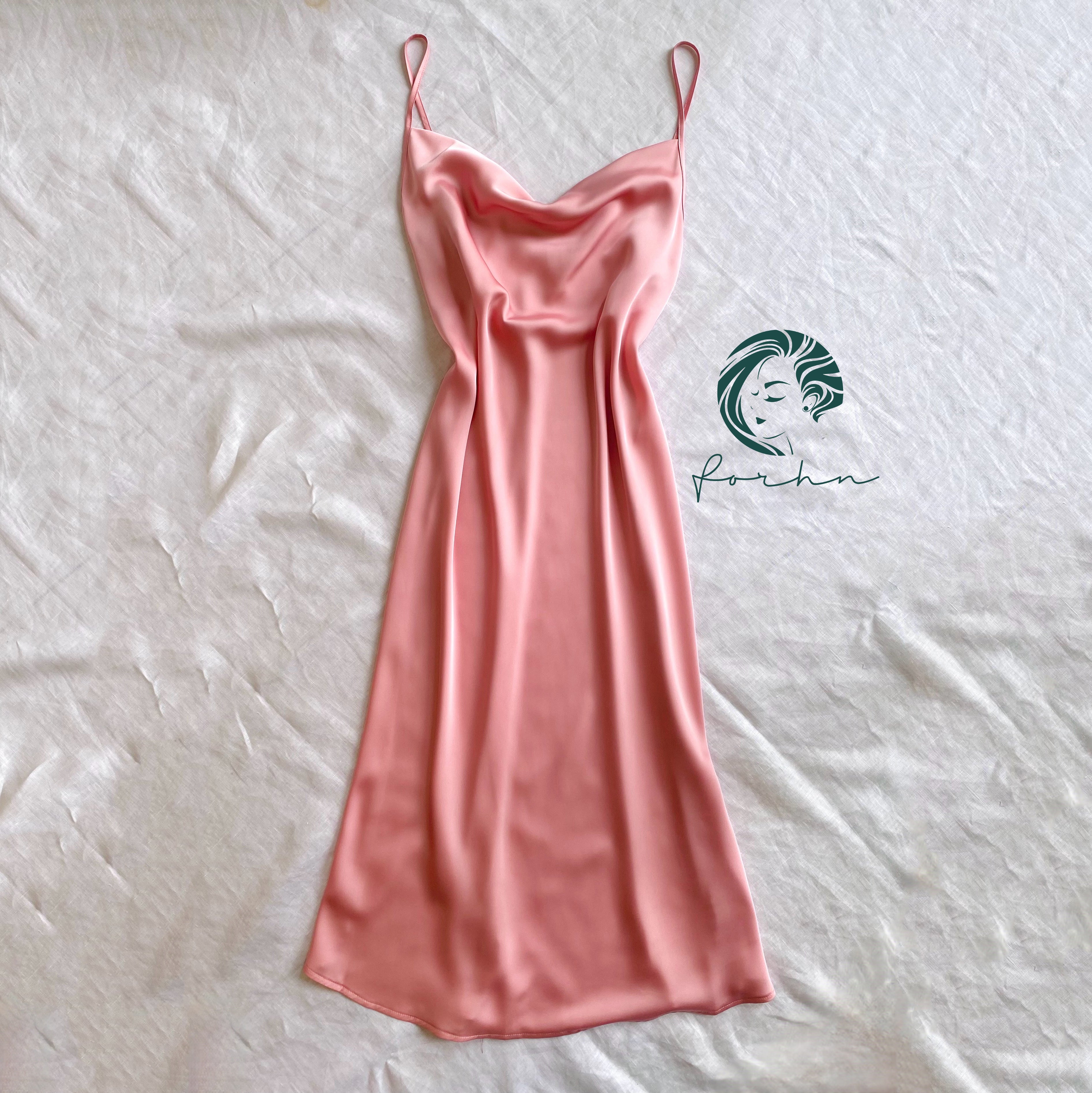 Satin Slip Midi Dress, Cowl Neck Cami Dress in Pink, Apricot, Light-blue, Ladonna