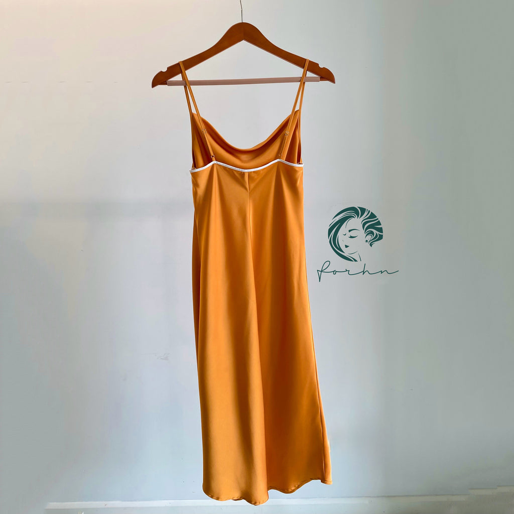 Satin Slip Midi Dress, Cowl Neck Cami Dress in Pink, Apricot, Light-blue, Ladonna