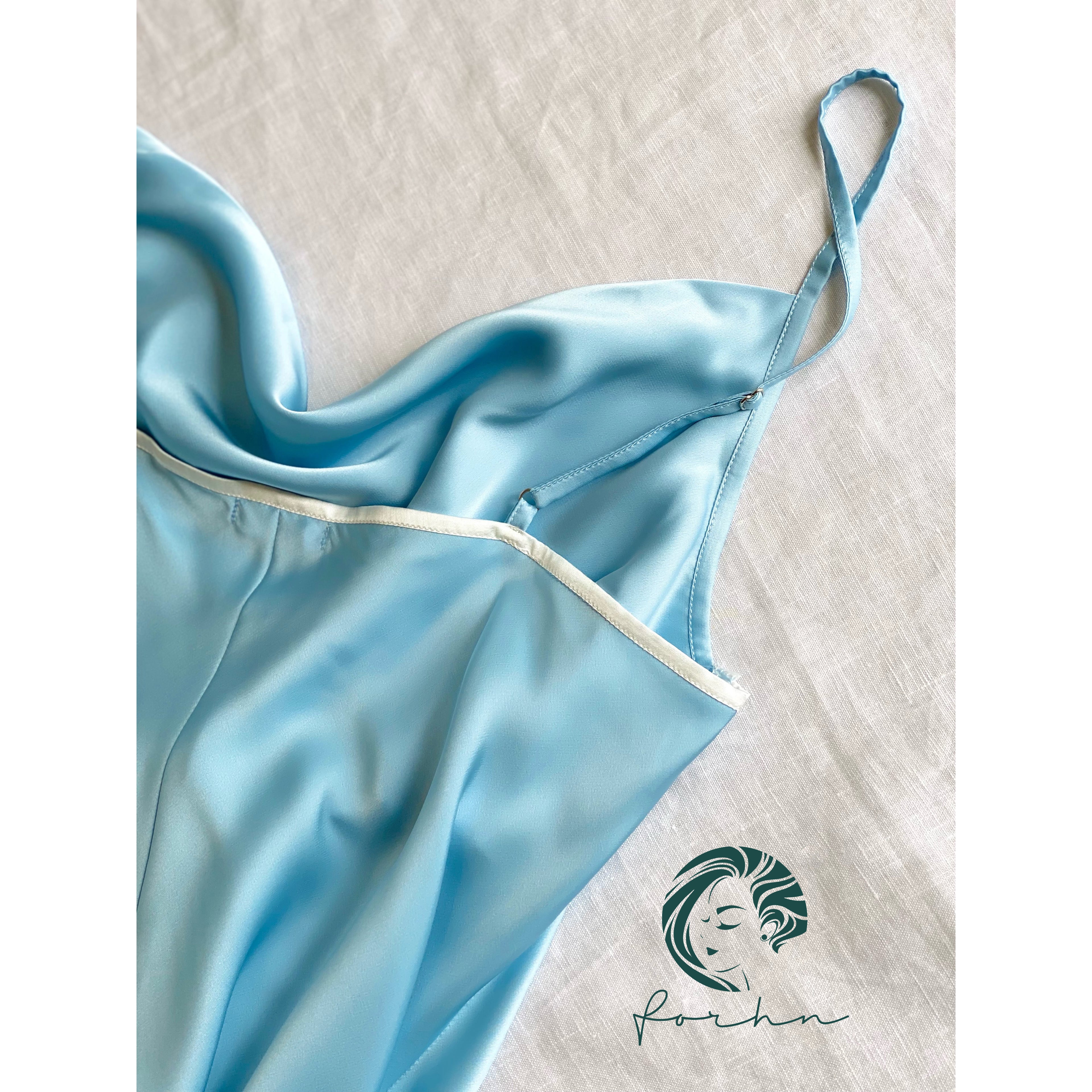Satin Slip Midi Dress, Cowl Neck Cami Dress in Pink, Apricot, Light-blue, Ladonna