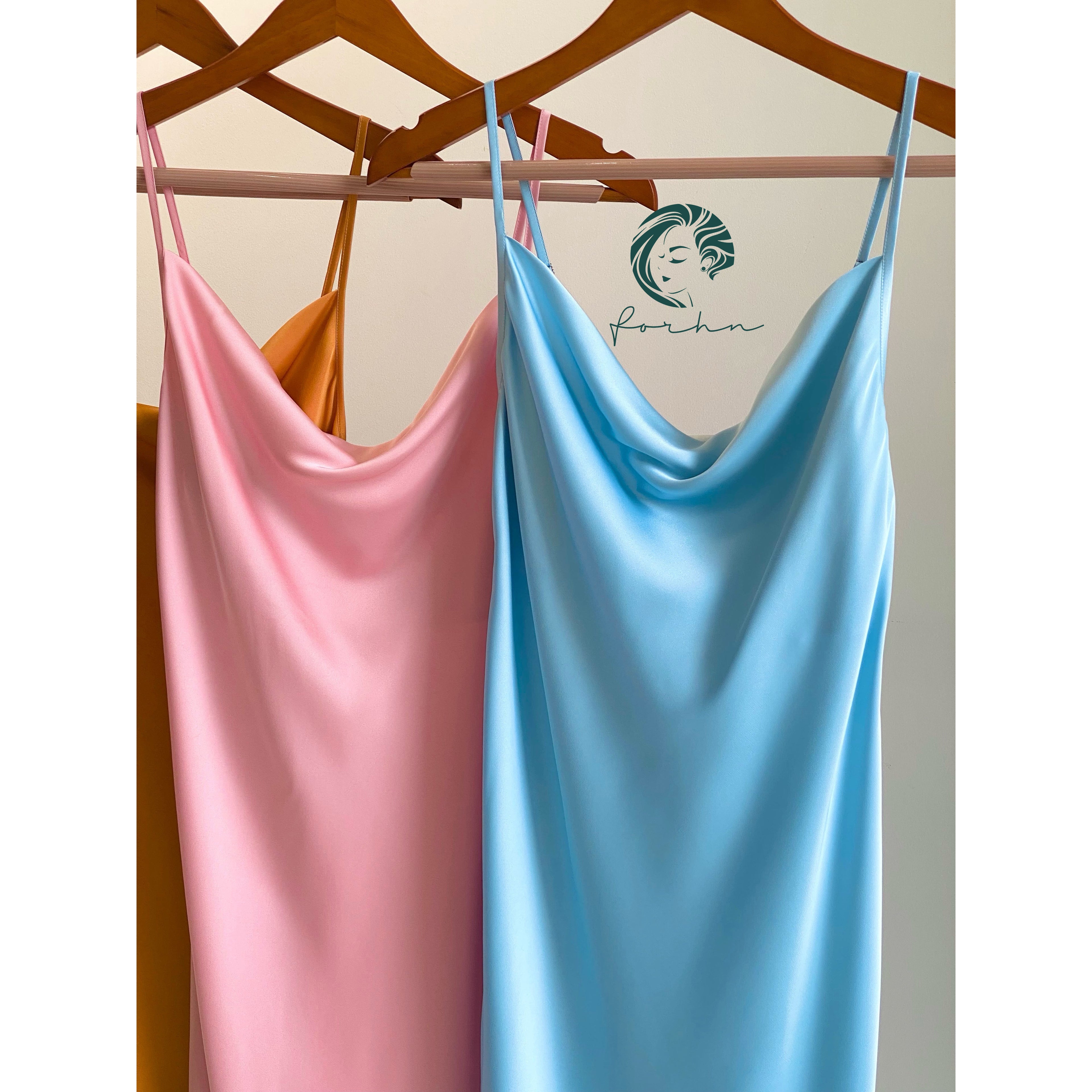 Satin Slip Midi Dress, Cowl Neck Cami Dress in Pink, Apricot, Light-blue, Ladonna