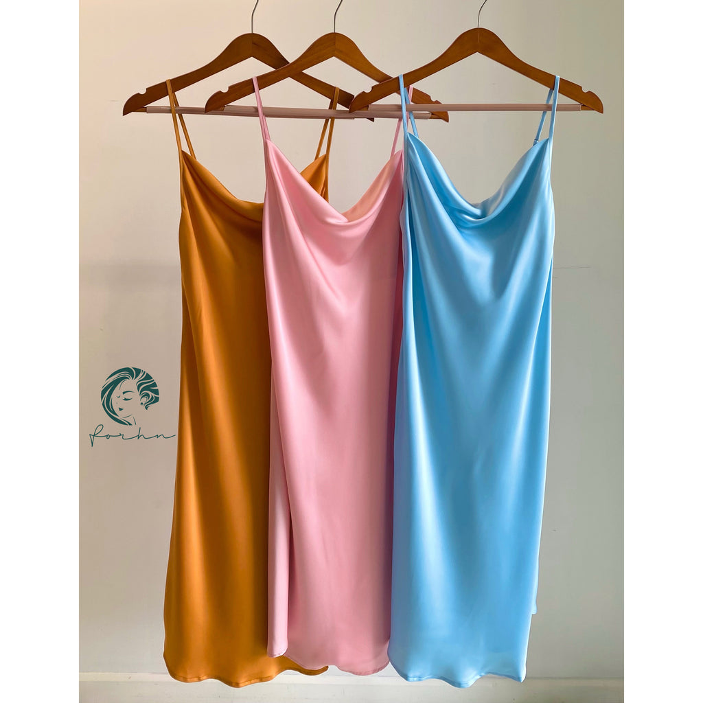 Satin Slip Midi Dress, Cowl Neck Cami Dress in Pink, Apricot, Light-blue, Ladonna