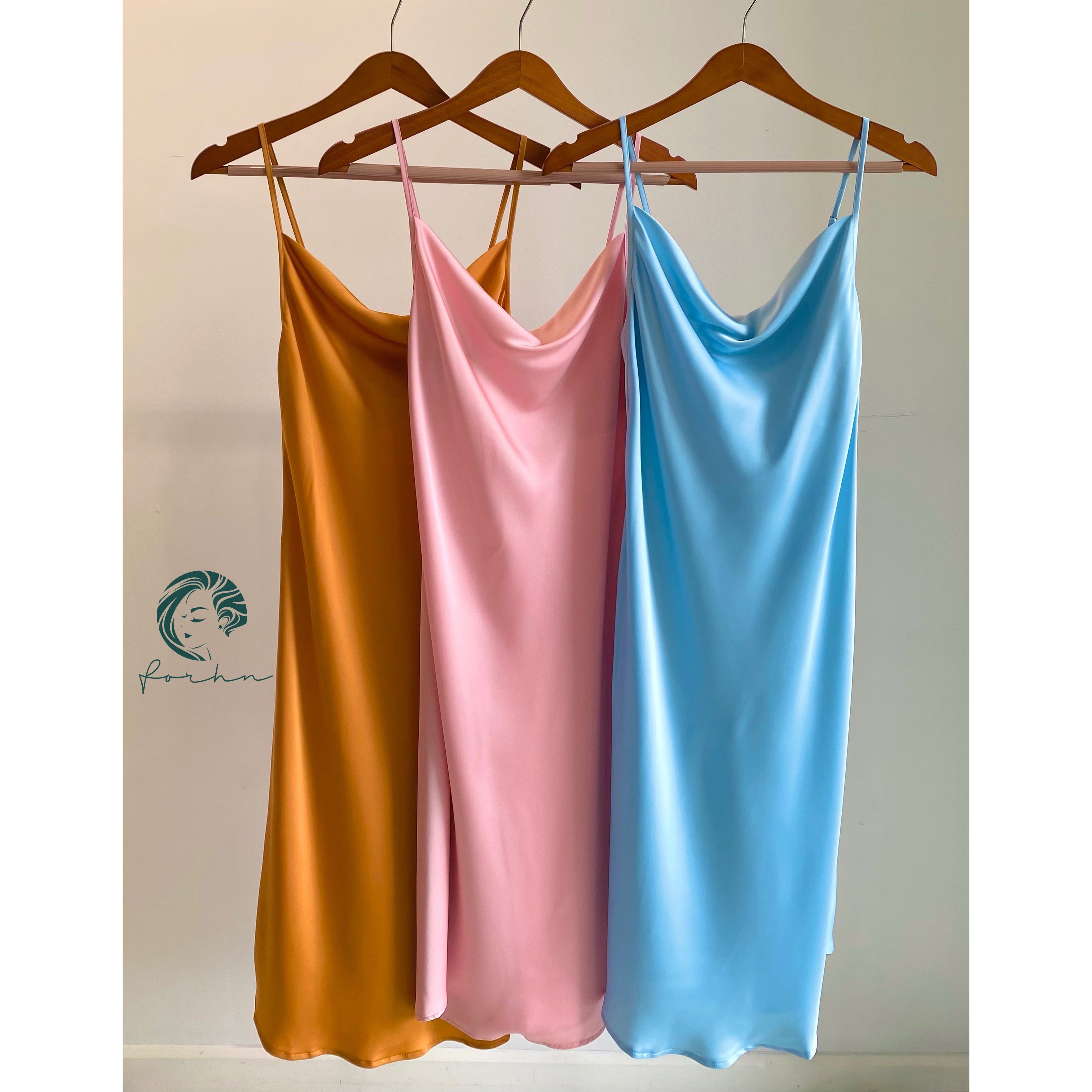 Satin Slip Midi Dress, Cowl Neck Cami Dress in Pink, Apricot, Light-blue, Ladonna