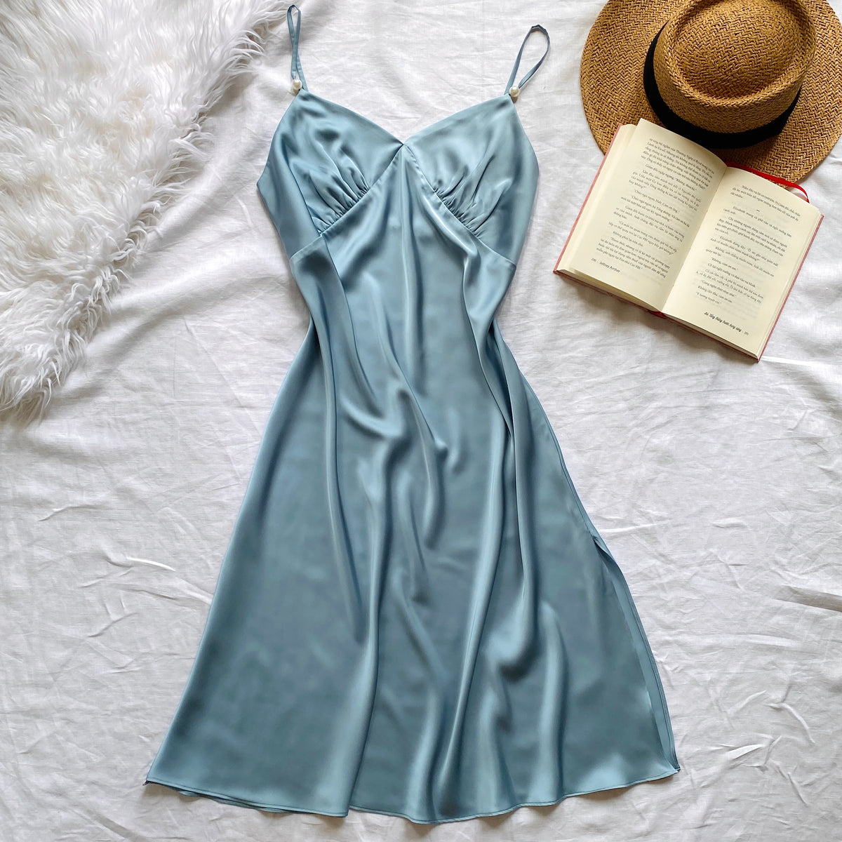 Moonlit Satin Slip Nightgown, Midi Silky Dress for Women