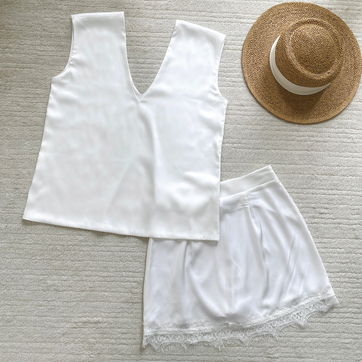 White Satin V-Neck Blouse - Lace Mini Skirt Separates- MiuSet