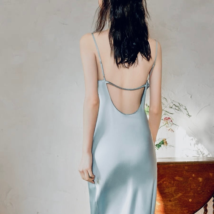 Satin Slip Dress - Handmade Open Back Midi Nightgown CLARA