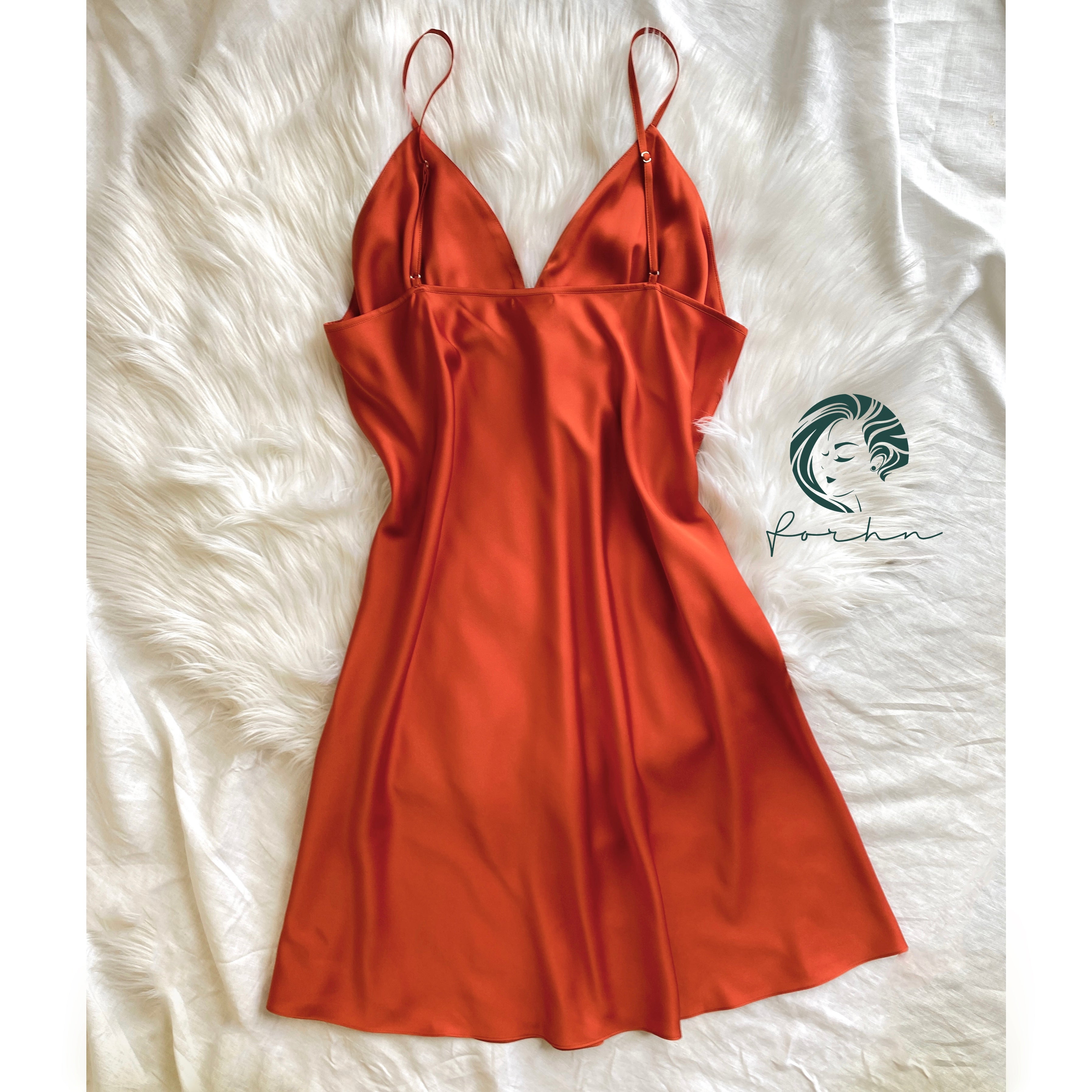 Burnt Orange Satin Slip Dress Cami Nightdress Kevacup1
