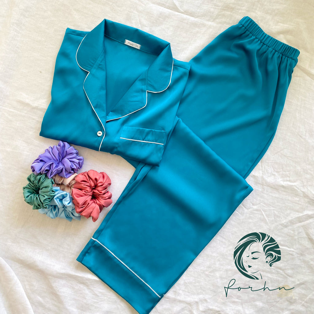 Classic Satin Pajama Set – Long or Short Sleeve Button-Up Top & Long Pants, LPJ Xacu