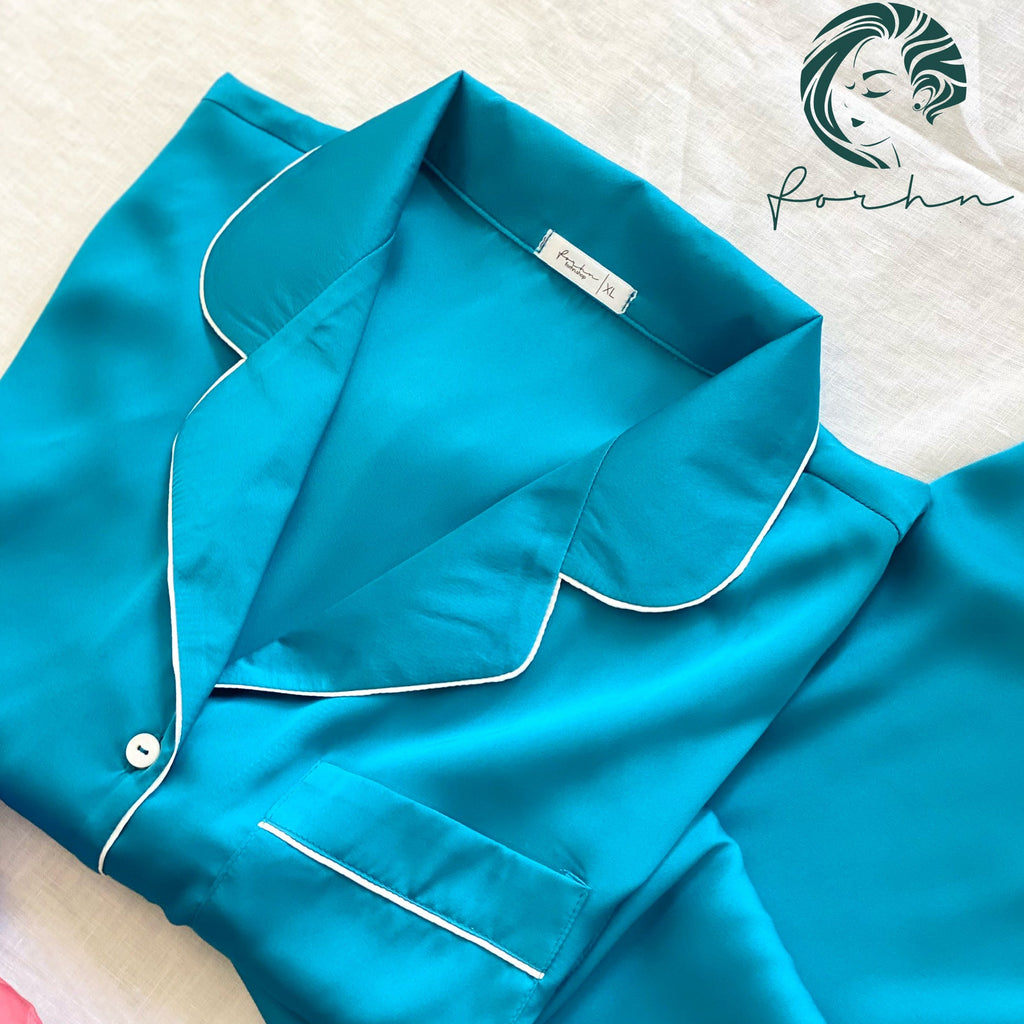 Classic Satin Pajama Set – Long or Short Sleeve Button-Up Top & Long Pants, LPJ Xacu