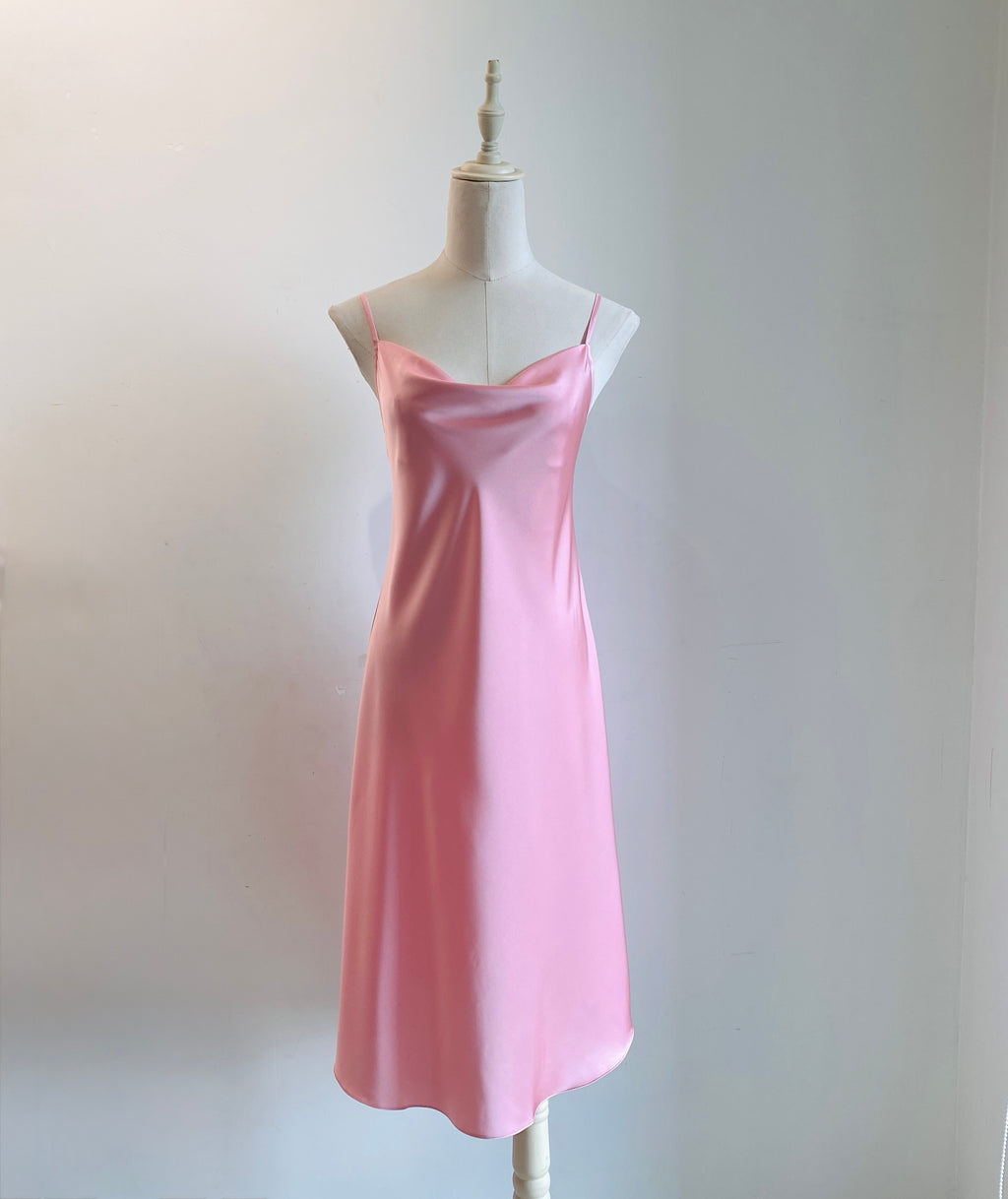 Satin Midi Slip Dress Cowl Neck in Pink, Red, Apricot/Burnt Orange, Silky Nightdress DRDO2