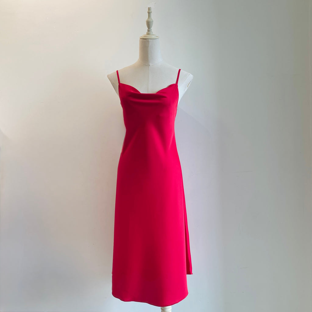 Satin Midi Slip Dress Cowl Neck in Pink, Red, Apricot/Burnt Orange, Silky Nightdress DRDO2
