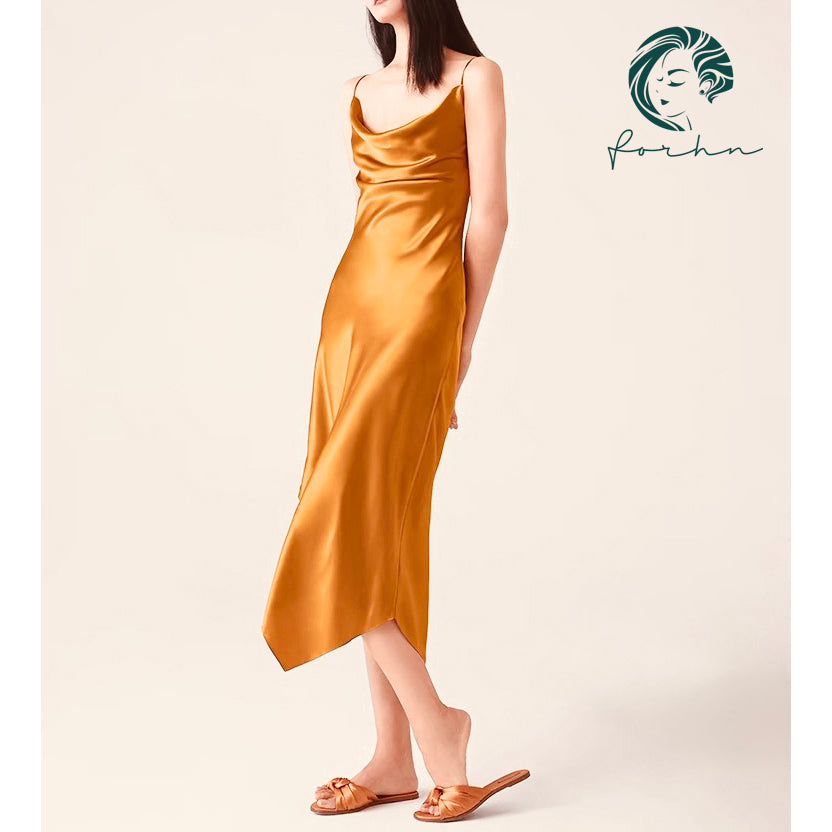 Karina Satin Maxi Dress, Cowl Neck & Open Back Silky Long Dress Date Night Outfit