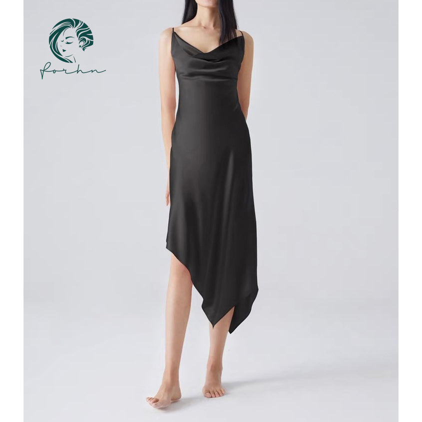 Karina Satin Maxi Dress, Cowl Neck & Open Back Silky Long Dress Date Night Outfit