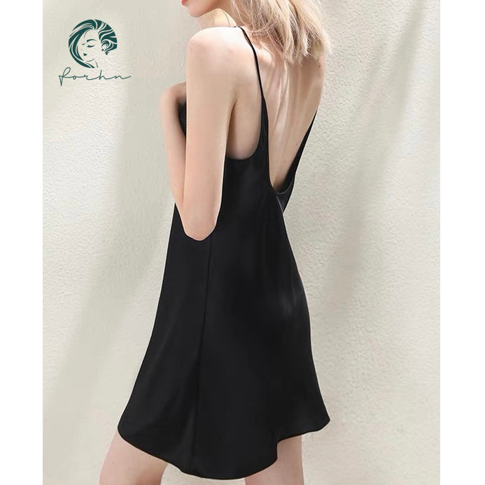 Phoebe Backless Satin Nightgown | Satin Sleep Dress | Minimal Round Neck Dress