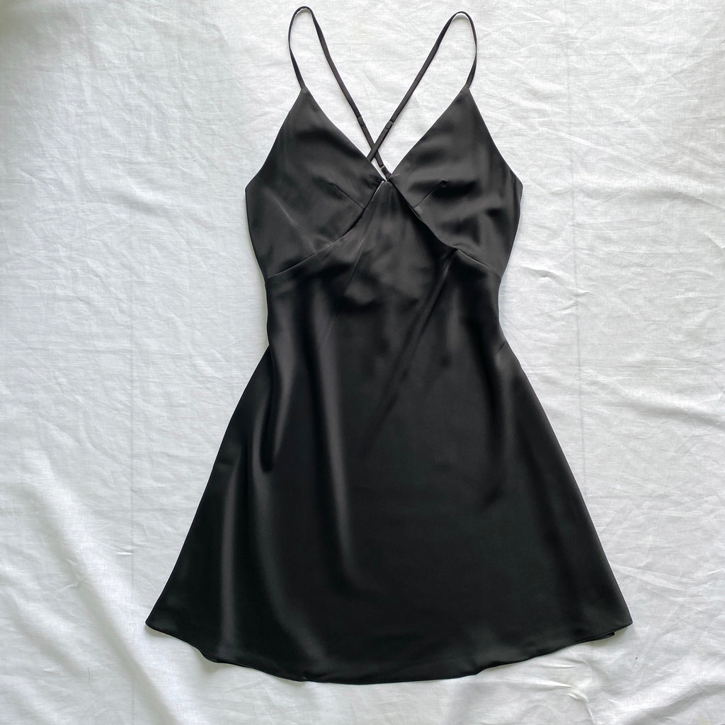 Black Satin Cut Out Nightgown Backless Slip Dress Sexy Women's Sleepwear TINY
