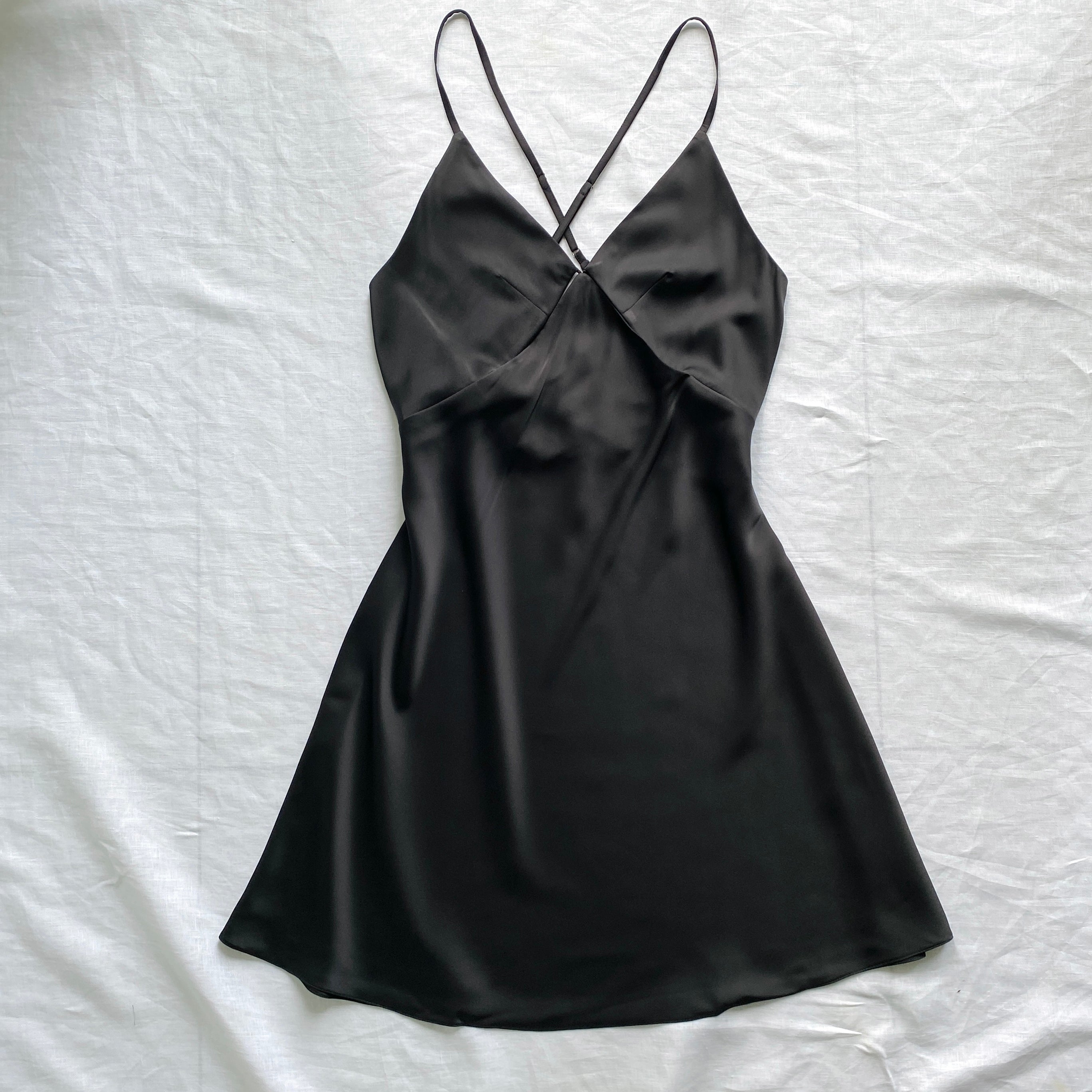 Black Satin Cut Out Nightgown Backless Slip Dress Sexy Women's Sleepwear TINY