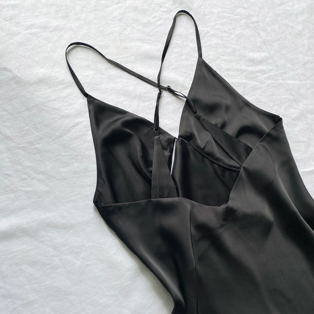 Black Satin Cut Out Nightgown Backless Slip Dress Sexy Women's Sleepwear TINY