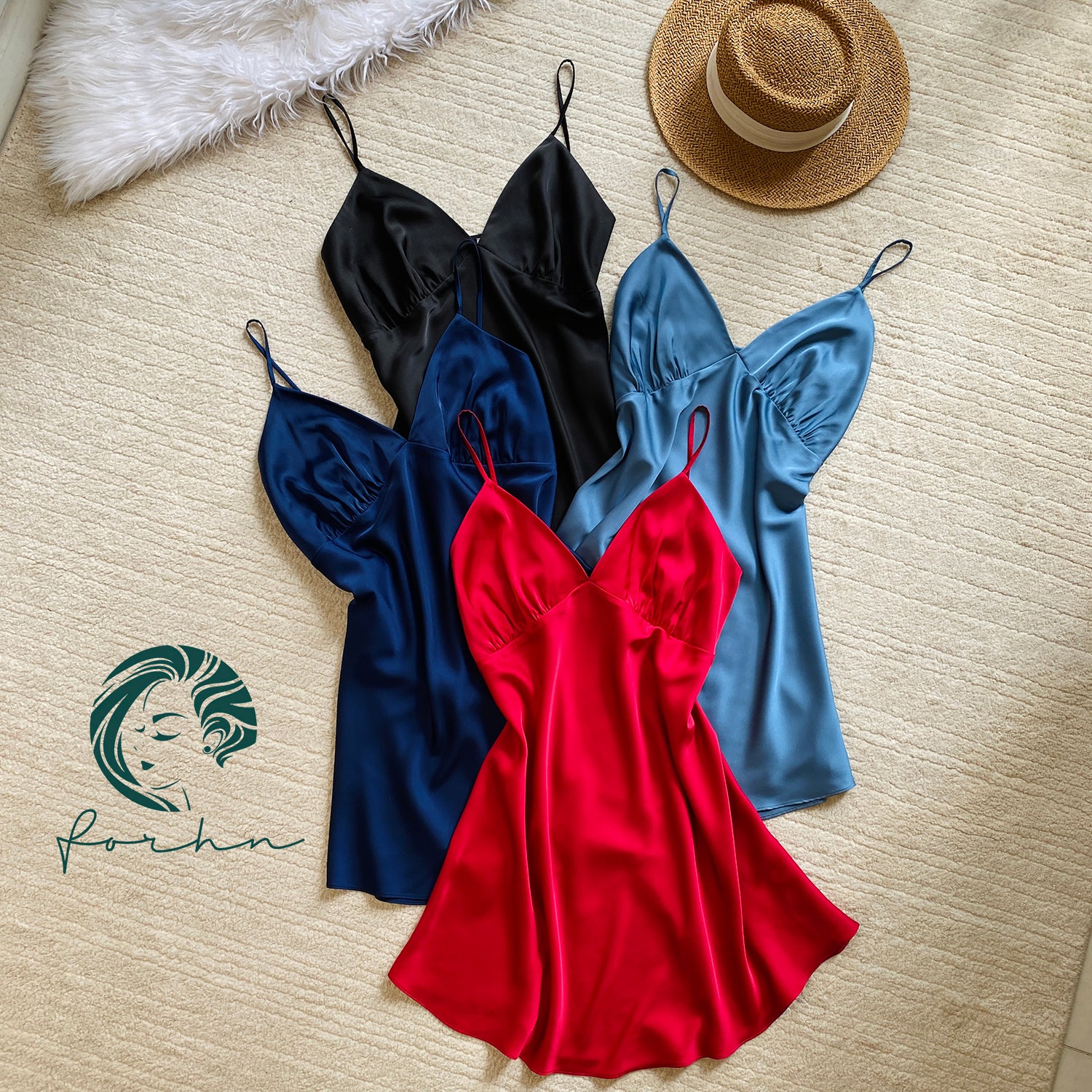 Navy Satin Slip Dress, Women's Sleepwear, Silky Nightgown, Custom color Nightdress, KevaCup