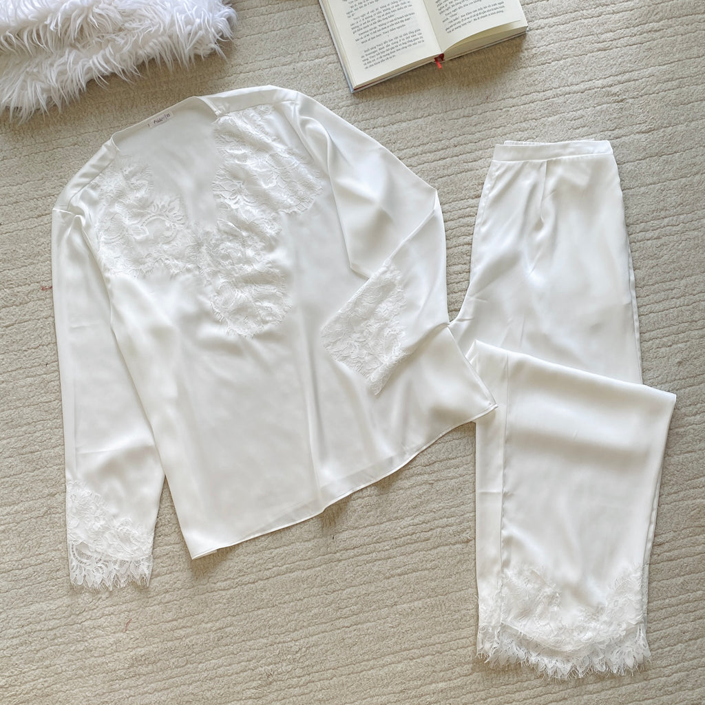 Lace Satin Pajama Set, Long Sleeves Pants Set, Gift for her, Rosalie